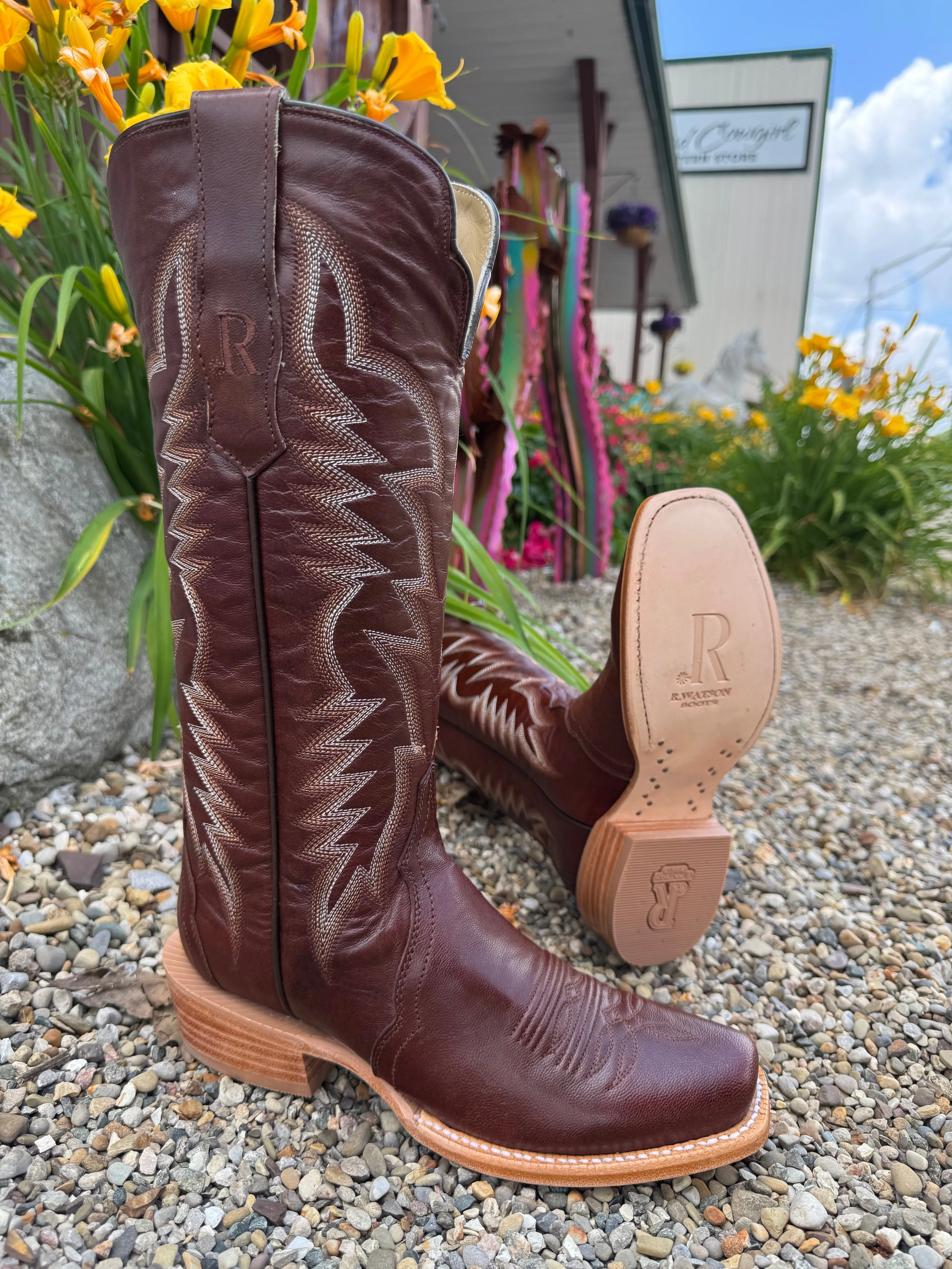 R. Watson Women's Brass Brown Narrow Square Toe Western Cowgirl Boots RWL8323-1 Puddle Safe quick-drying