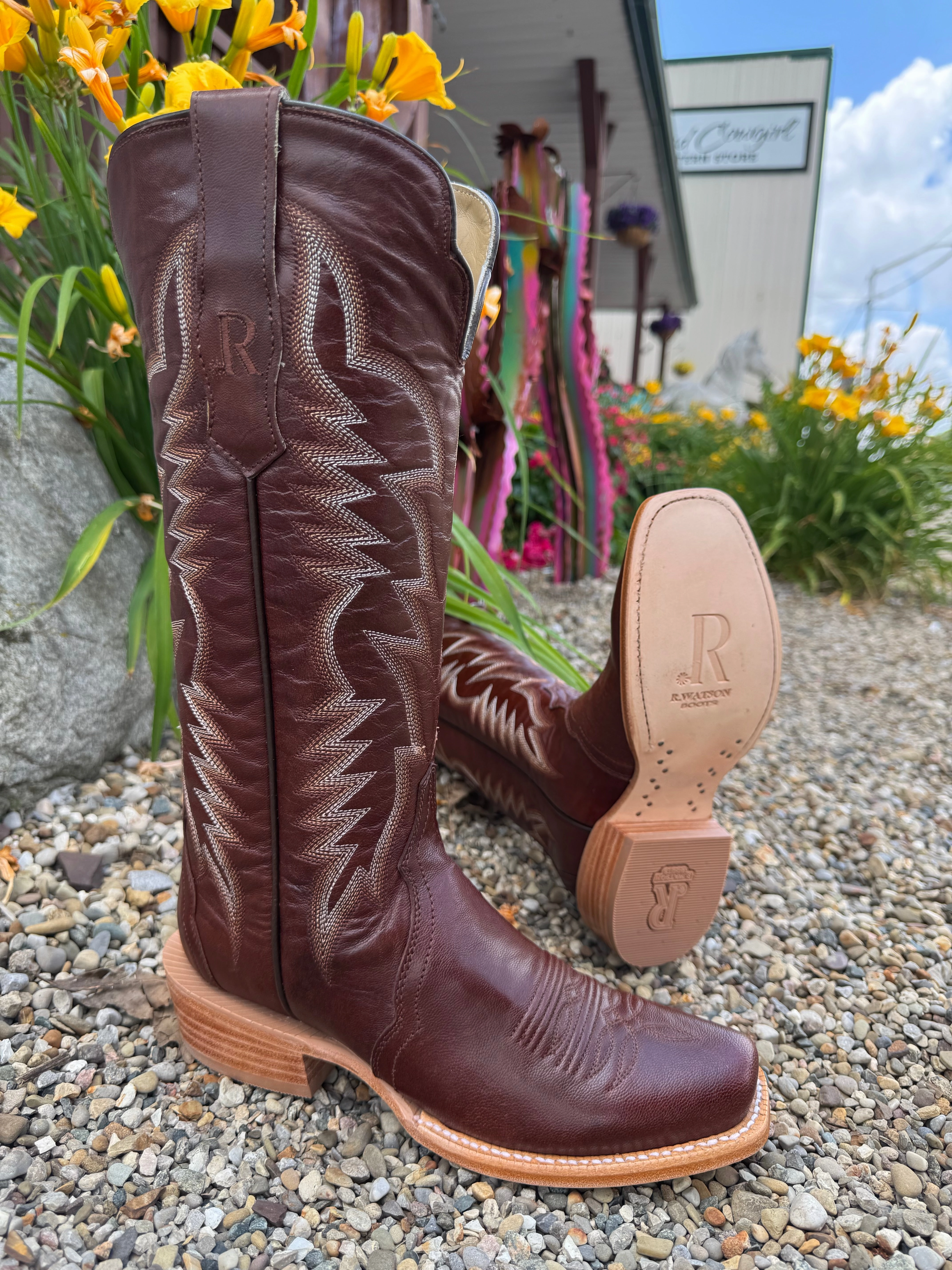 R. Watson Women's Brass Brown Narrow Square Toe Western Cowgirl Boots RWL8323-1 Puddle Safe quick-drying
