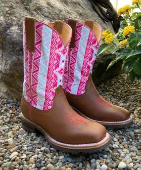 fashionable footwear Roper Childrens and Youth Brown & Pink Aztec Printed Top Western Cowgirl Boots 9991-0124