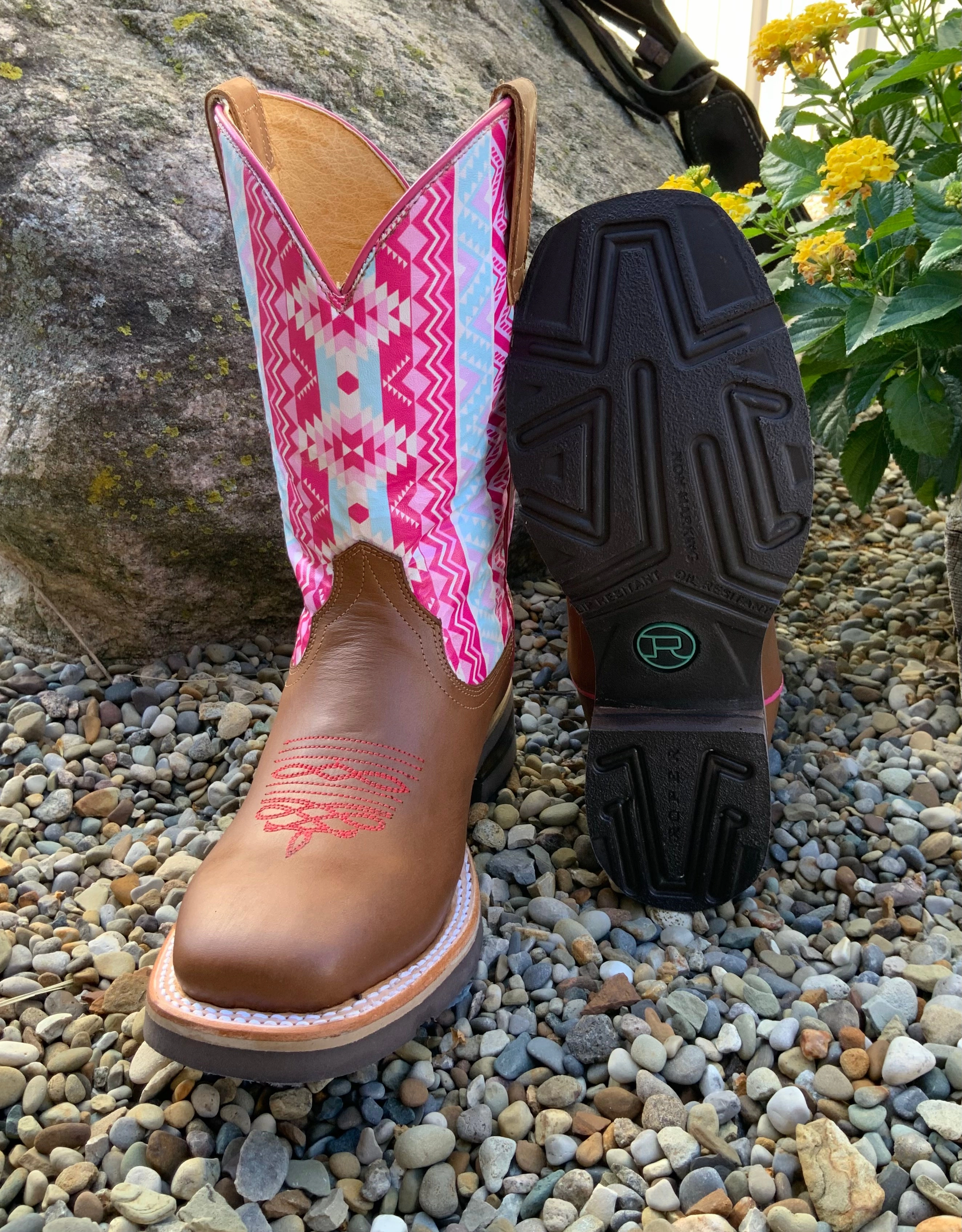 Roper Childrens and Youth Brown & Pink Aztec Printed Top Western Cowgirl Boots 9991-0124 Patterned Surface