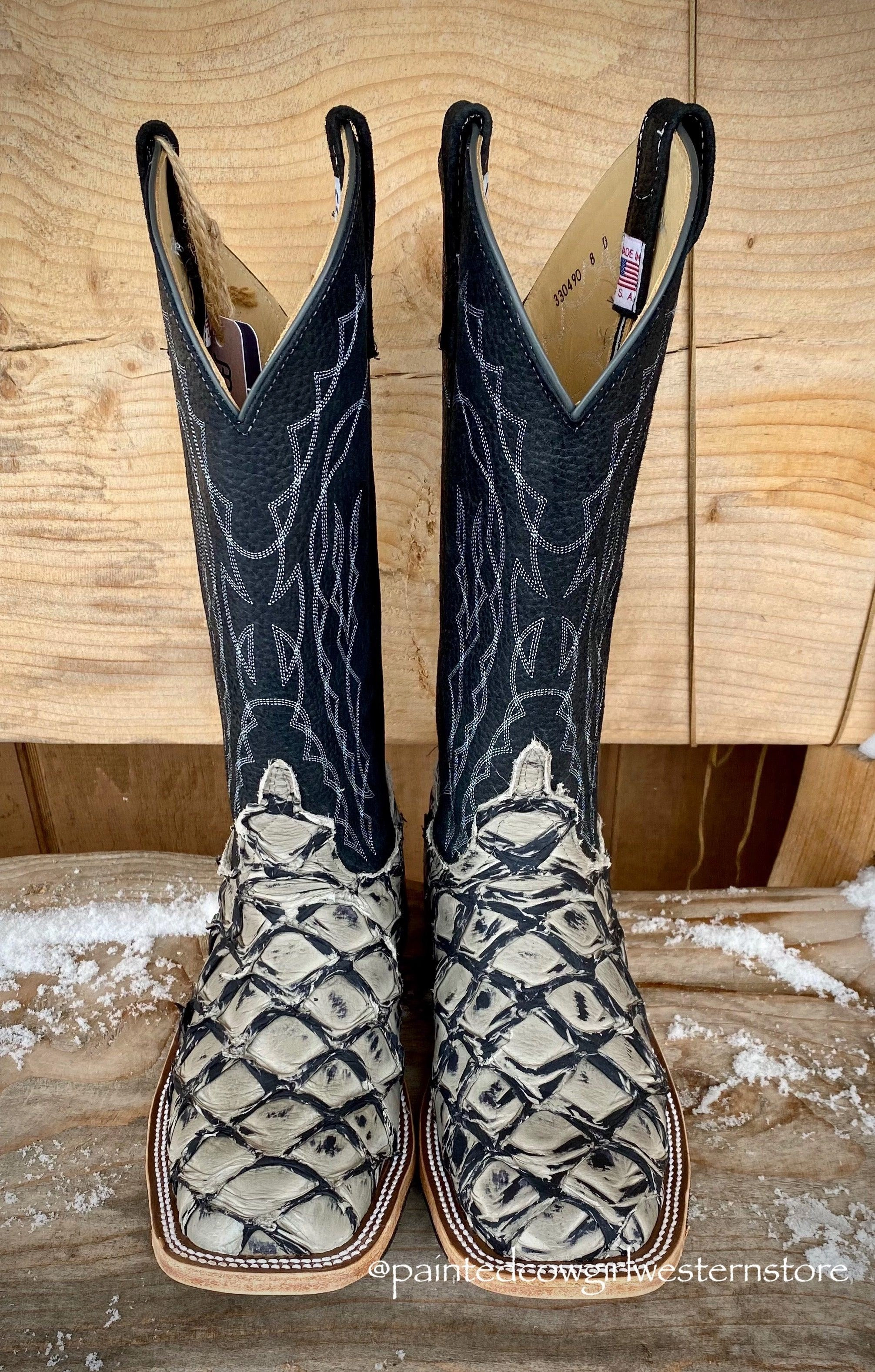 Anderson Bean Men's Stone Cold Big Bass Arapaima & 13" B lack Boar Top Square Toe Cowboy Boots 330490 Gym workout