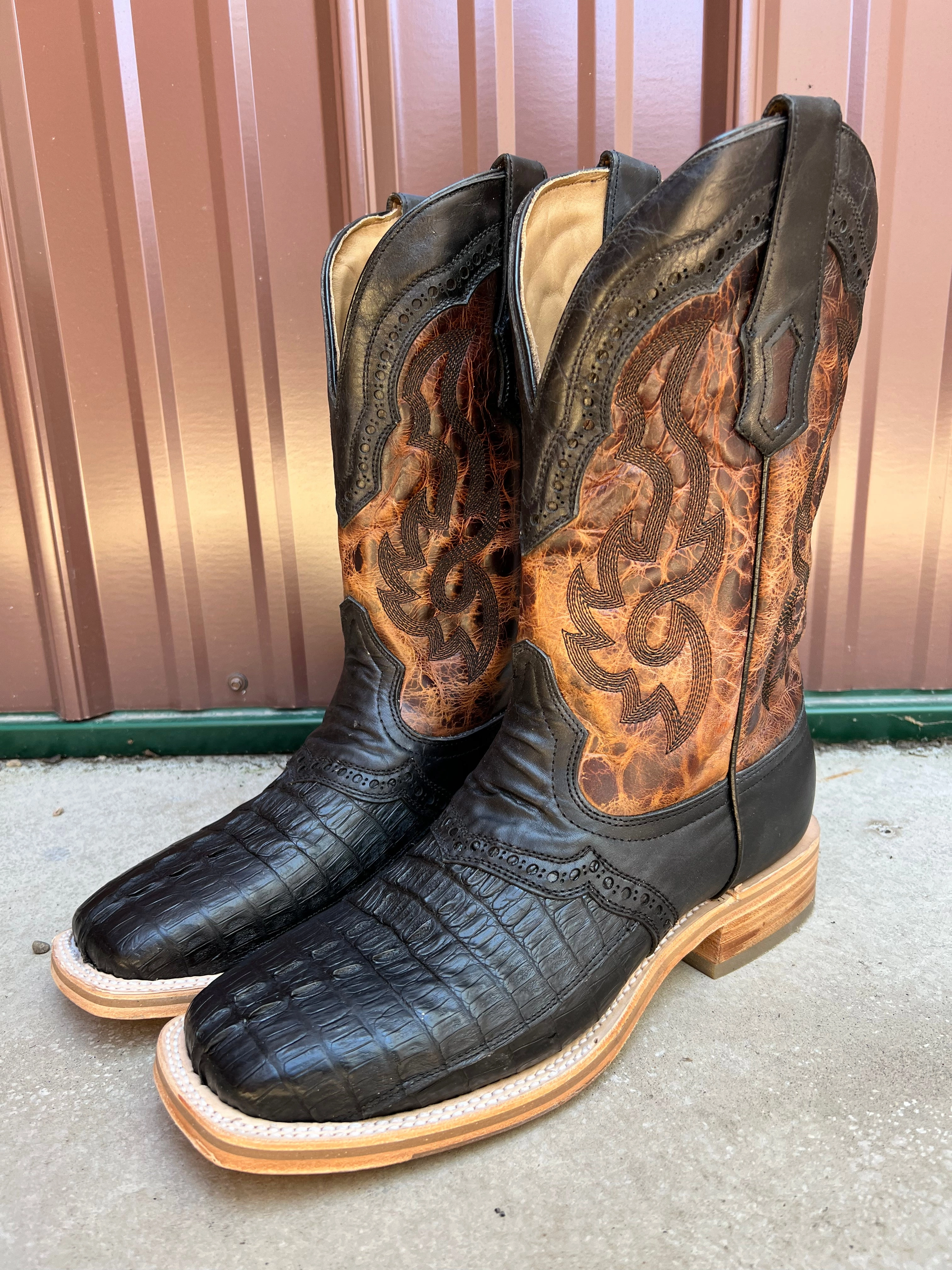 Multi-Purpose Comfort Pure White Corral Men's Black Caiman Overlay Wide Square Toe Cowboy Boots A4282