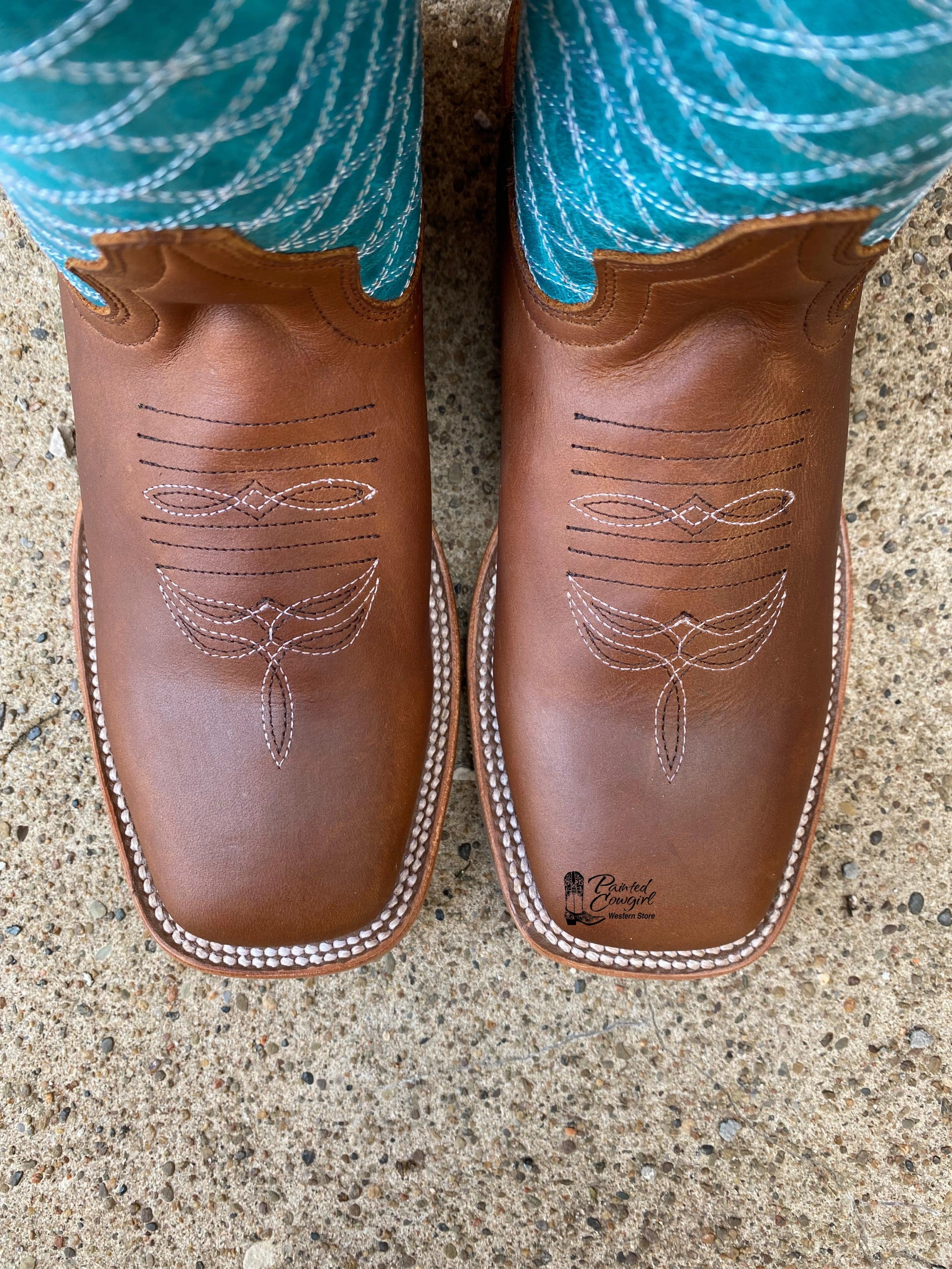 quick dry Warm Interior Macie Bean Girls Children Brown Leather & Turquoise Top Square Toe Cowboy Boots MK9159