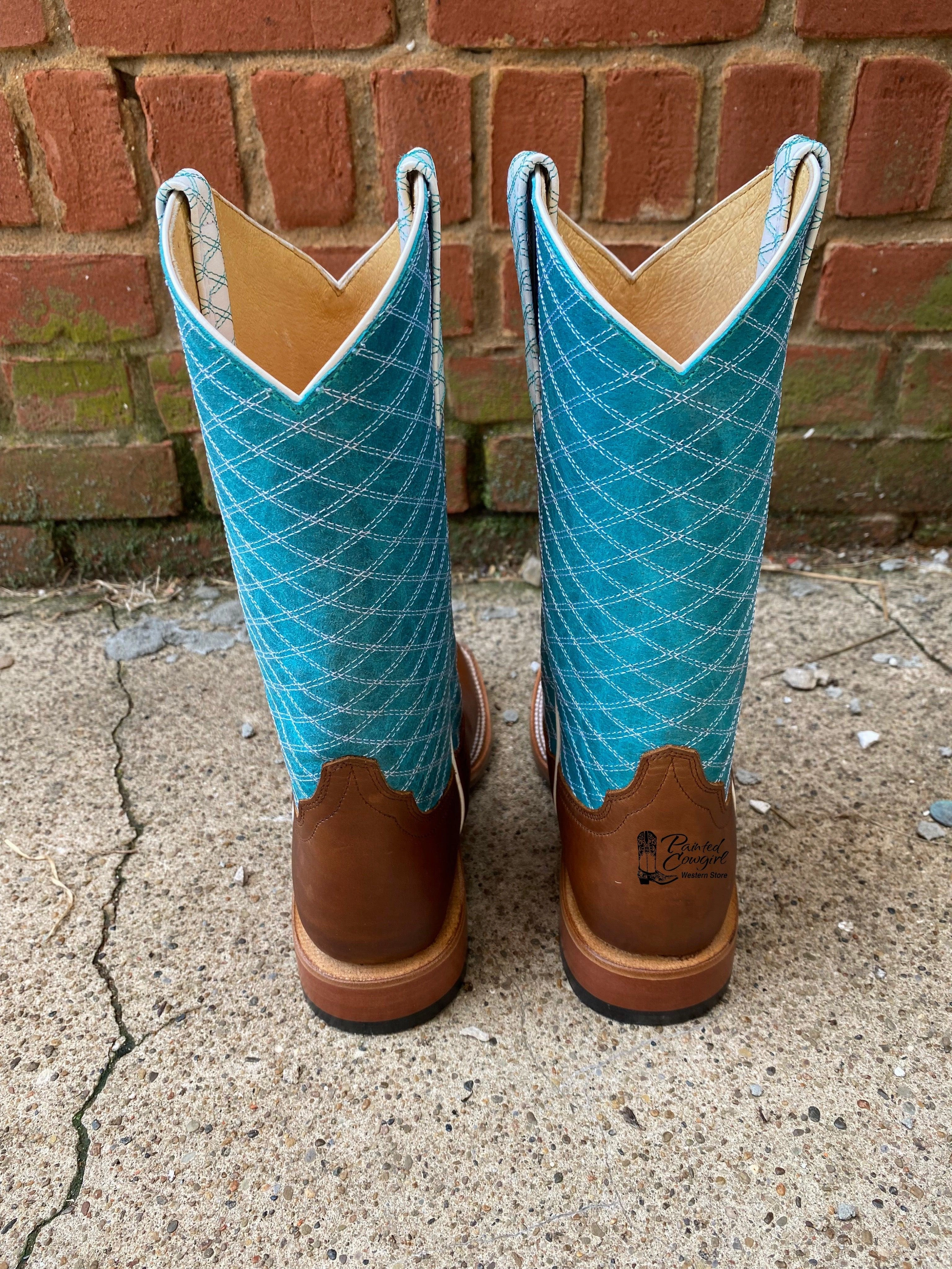 Urban Edge Urban Trail Macie Bean Girls Children Brown Leather & Turquoise Top Square Toe Cowboy Boots MK9159