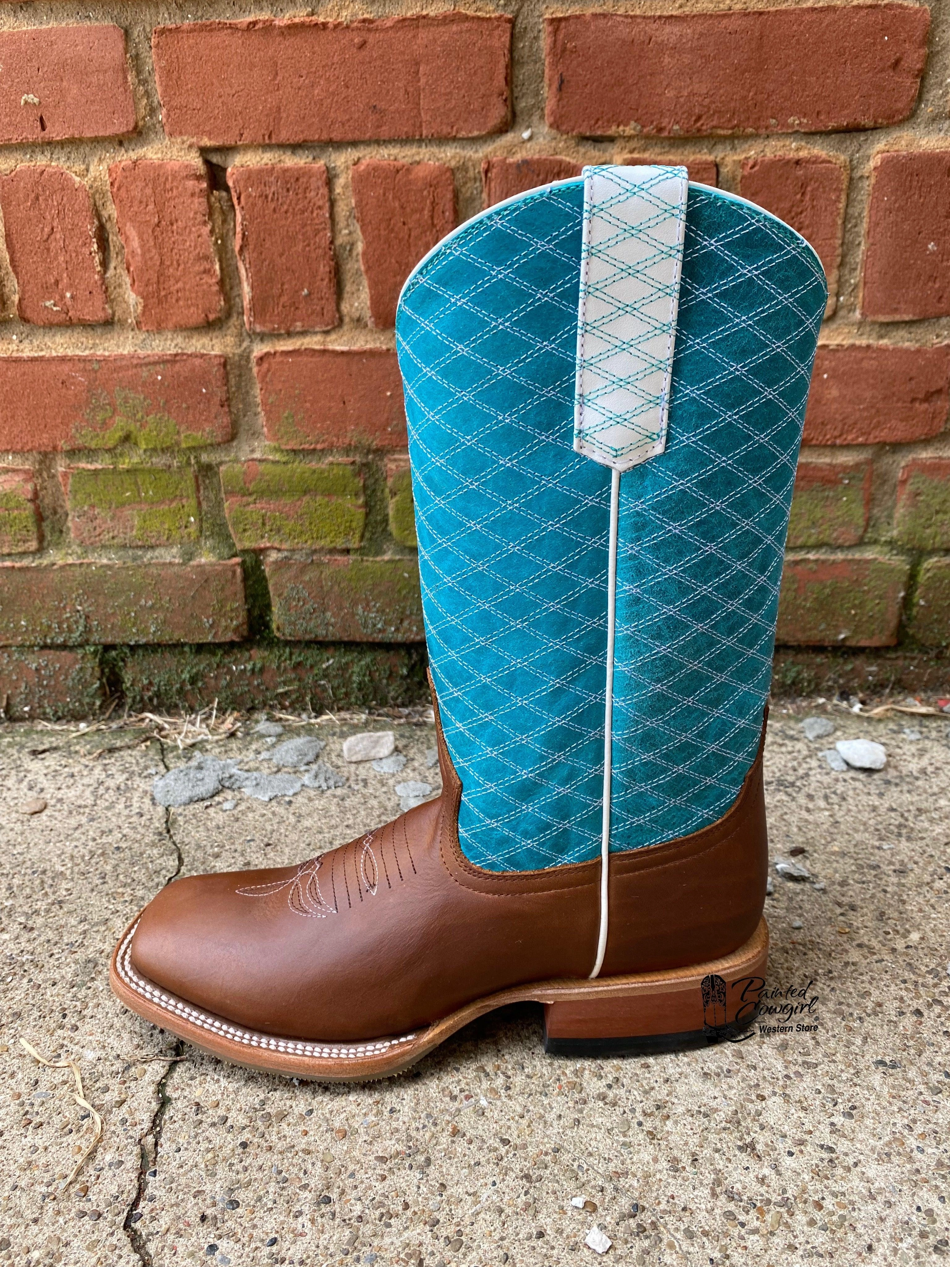 Outdoor Explore Dry Comfort Macie Bean Girls Children Brown Leather & Turquoise Top Square Toe Cowboy Boots MK9159