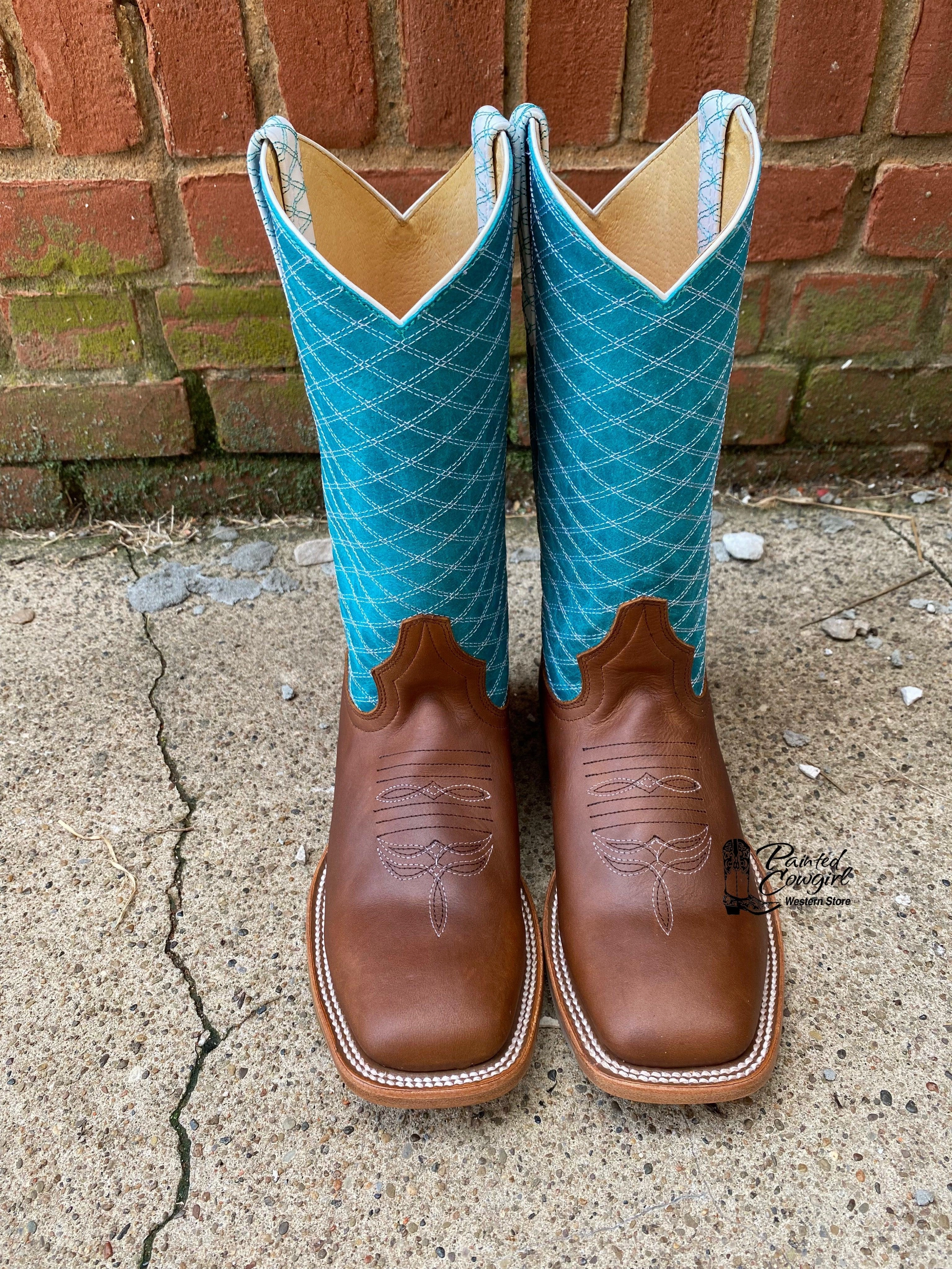 Anti-Skid Urban Trail Macie Bean Girls Children Brown Leather & Turquoise Top Square Toe Cowboy Boots MK9159