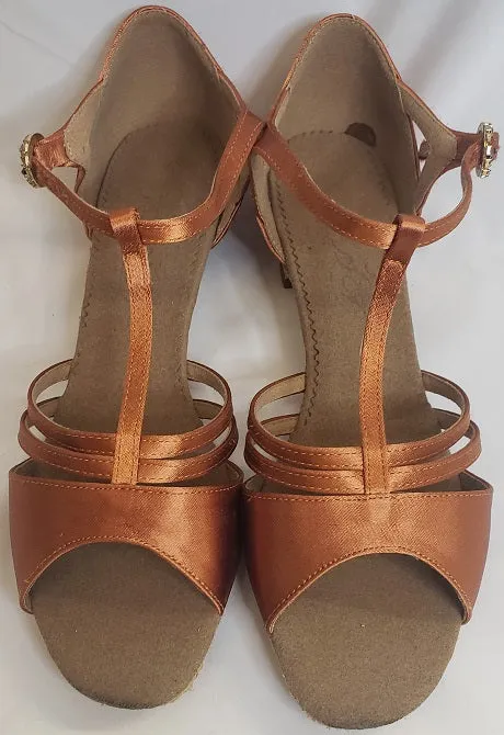 1.33" Sabra -- Block Heel Latin Sandal -- Dark Tan Satin Foam Lining Running Errands