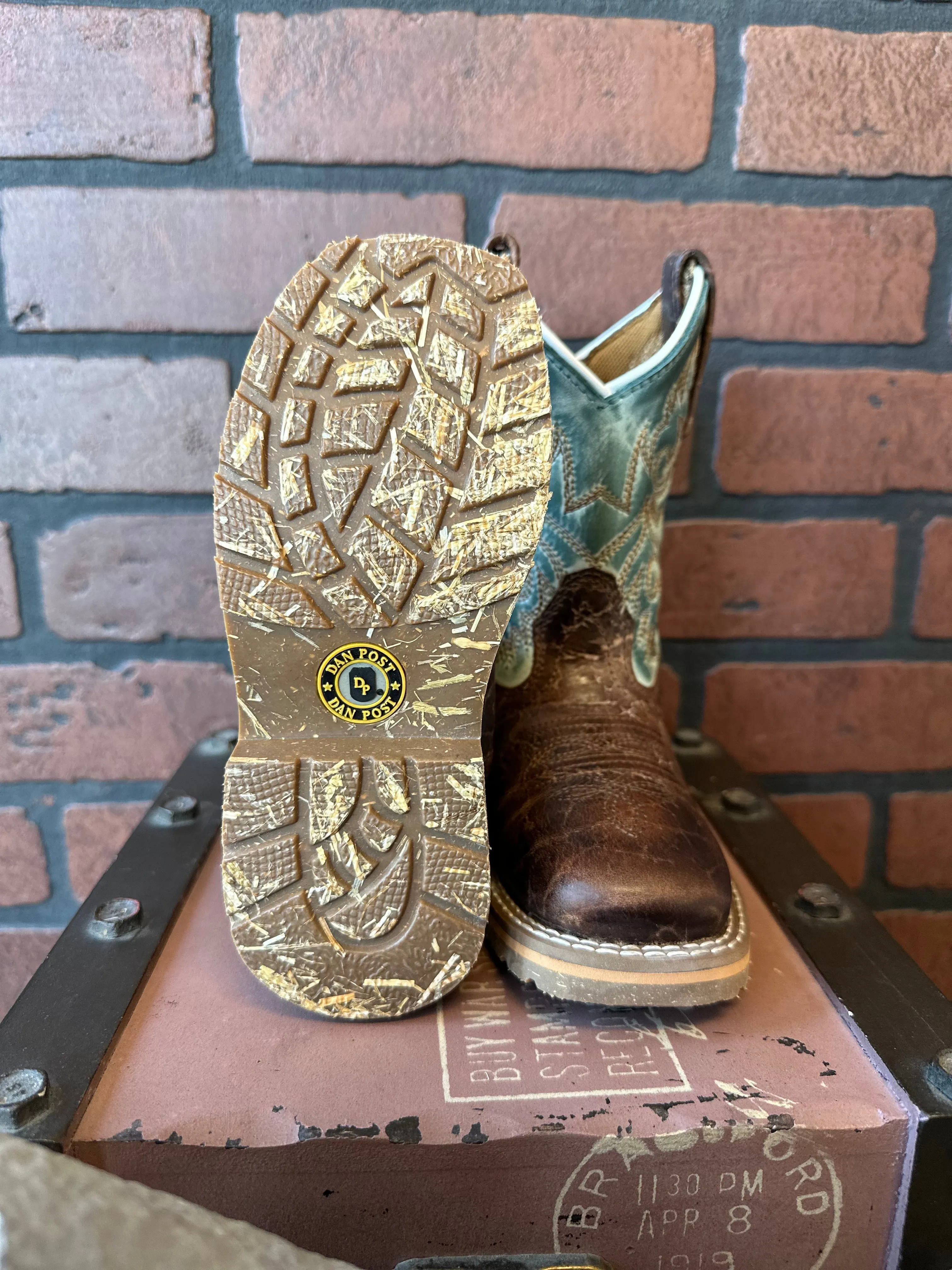 Dan Post Children/Youth Brown Leather & Blue Top Lil' Brisbee Square Toe Western Cowboy Boot DPC2918 DPC3918 Stable Fit Timeless Style