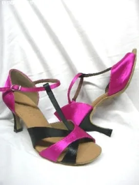 3" Natalie -- Flare Heel Latin Sandal -- Fuschia Satin/Black Satin Match Fit Winter Base