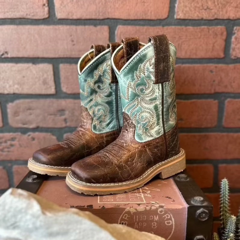 Cool Weather Elastic Gusset Dan Post Children/Youth Brown Leather & Blue Top Lil' Brisbee Square Toe Western Cowboy Boot DPC2918 DPC3918