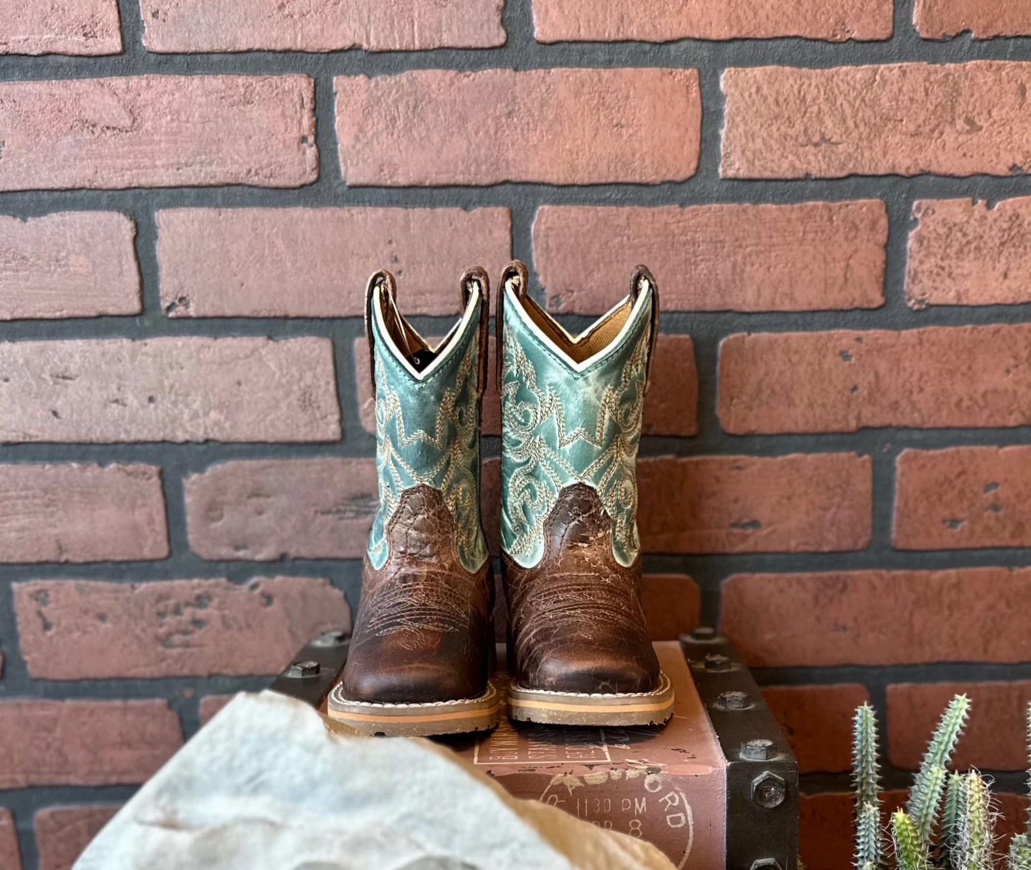 Dan Post Children/Youth Brown Leather & Blue Top Lil' Brisbee Square Toe Western Cowboy Boot DPC2918 DPC3918 City Utility Lightweight Footwear
