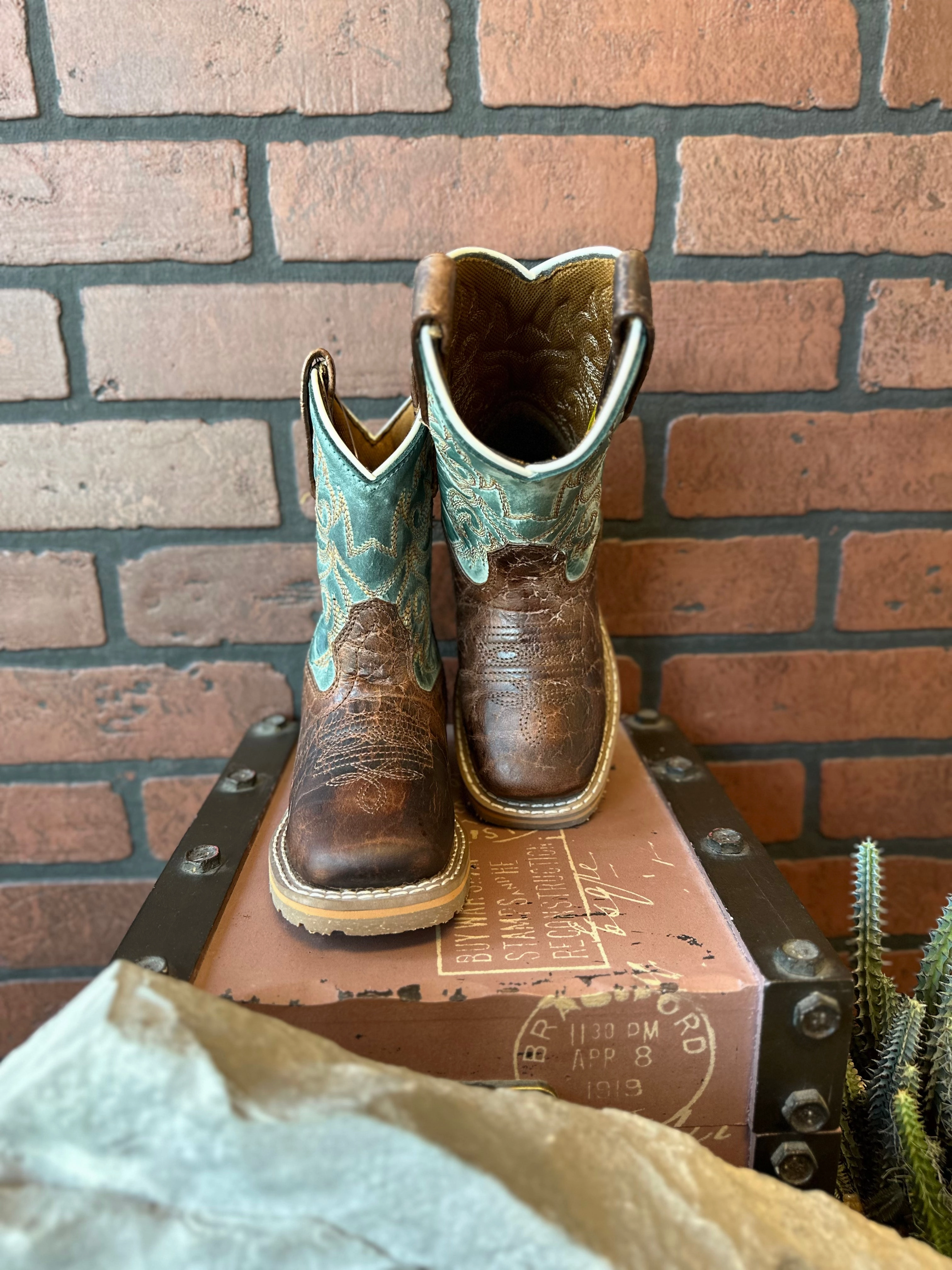 Tread Control Dan Post Children/Youth Brown Leather & Blue Top Lil' Brisbee Square Toe Western Cowboy Boot DPC2918 DPC3918