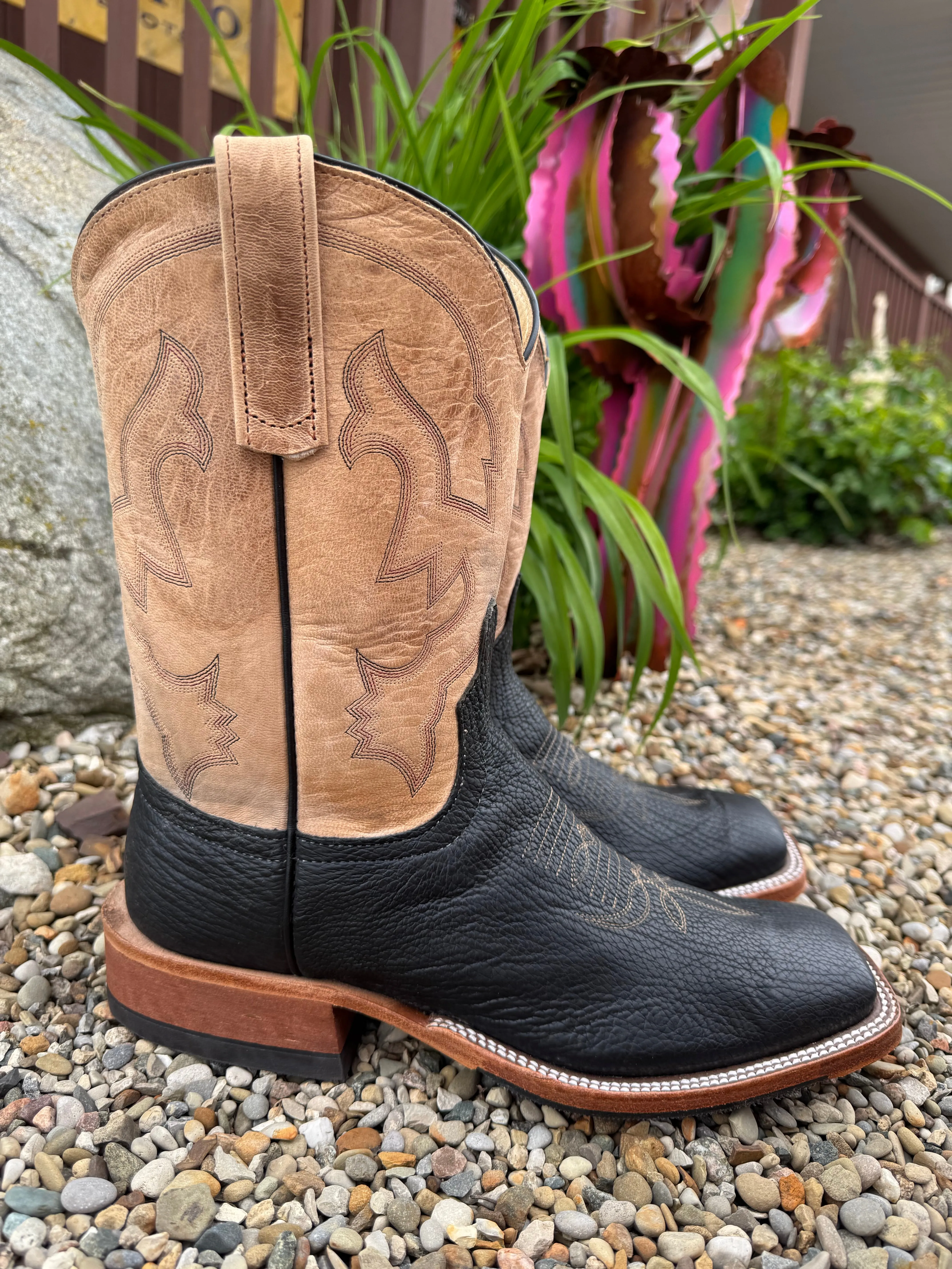 Anderson Bean Men's Black Shark & Bone Mad Cat Square Toe Cowboy Boots 335360 Cozy Feel Footbed