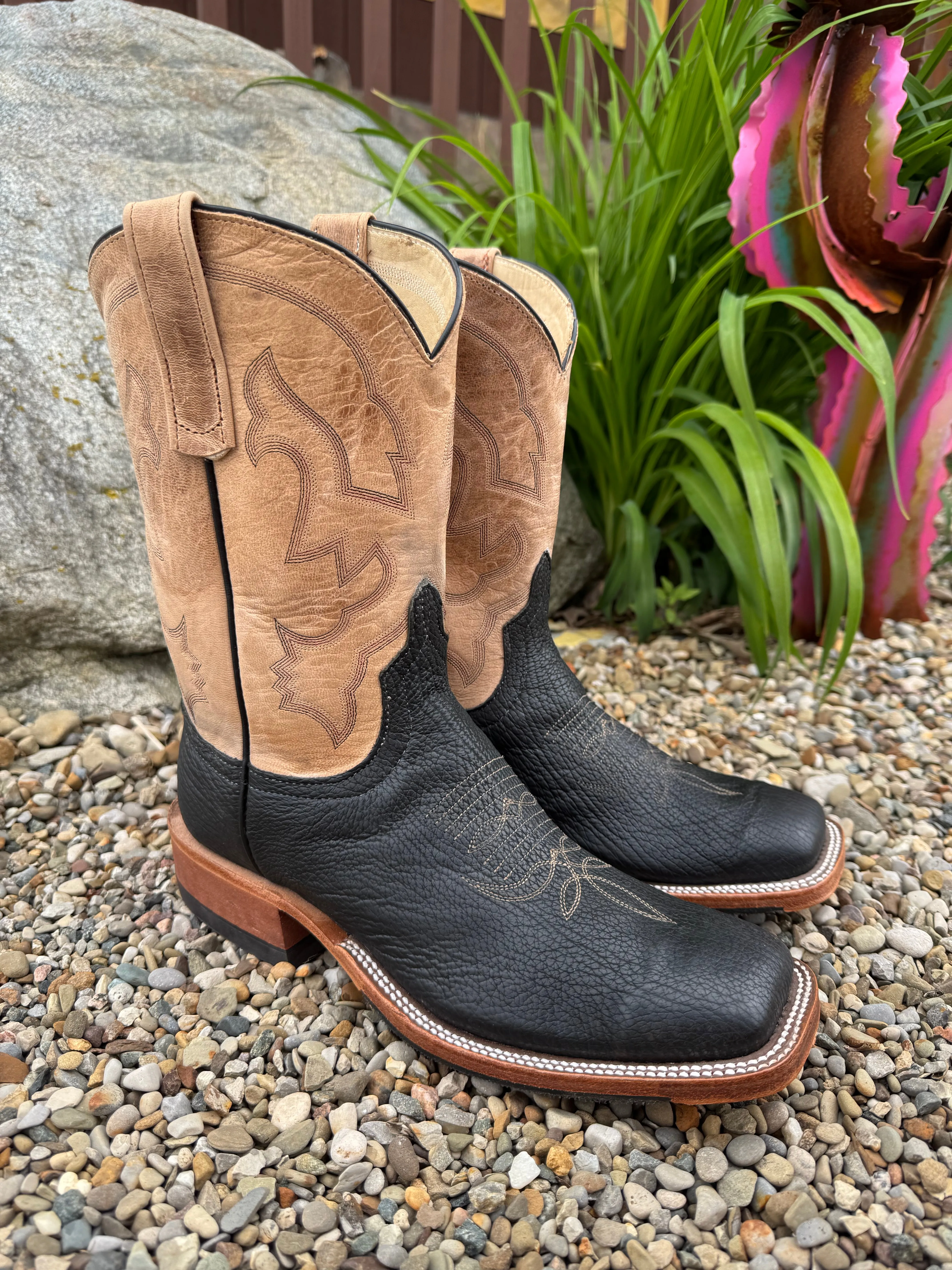 Elevated Comfort Outdoor Utility Anderson Bean Men's Black Shark & Bone Mad Cat Square Toe Cowboy Boots 335360