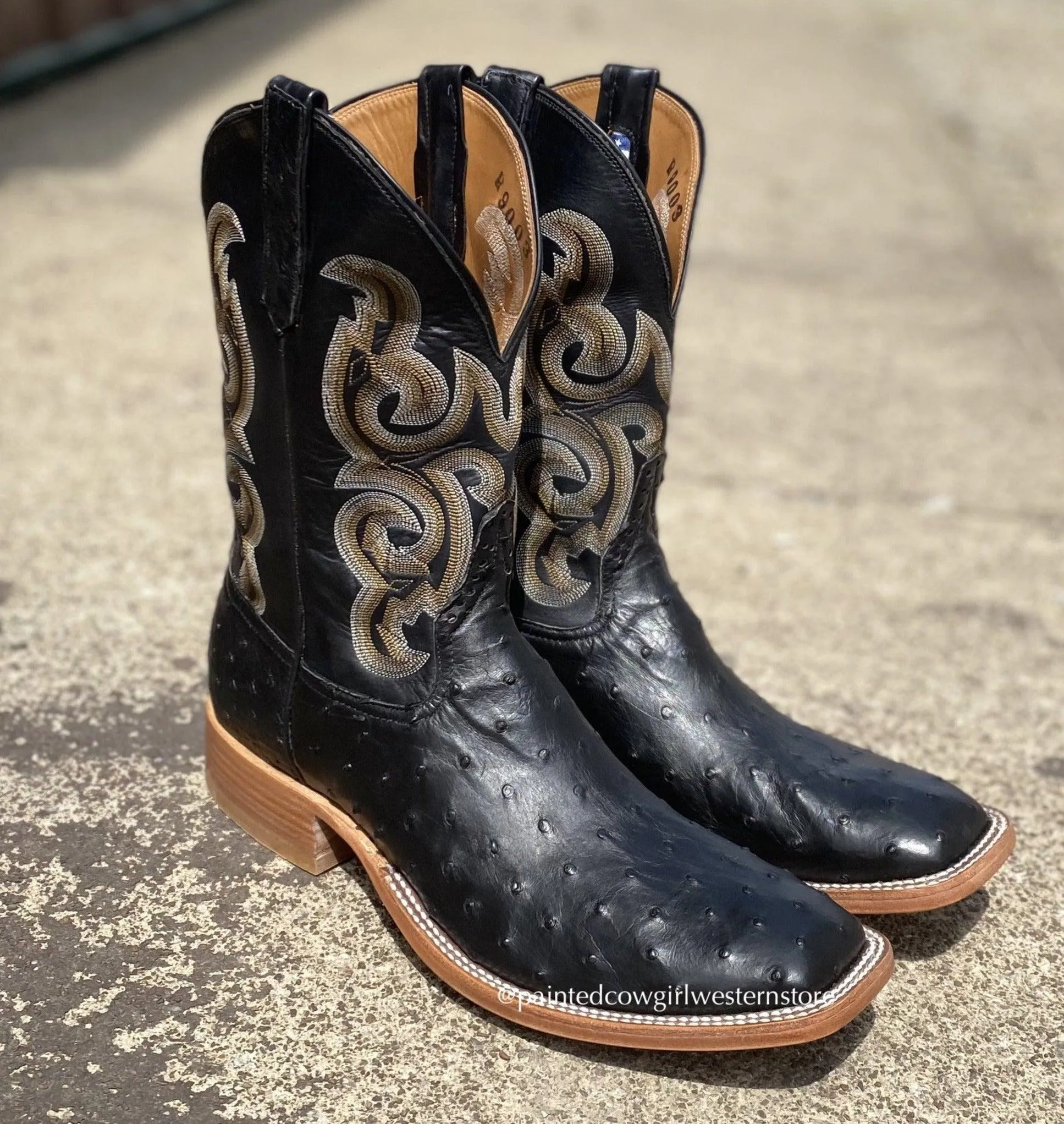 Water-resistant Holiday Feel Rios of Mercedes Men's Black Full Quill Ostrich Western Cowboy Boot R9003