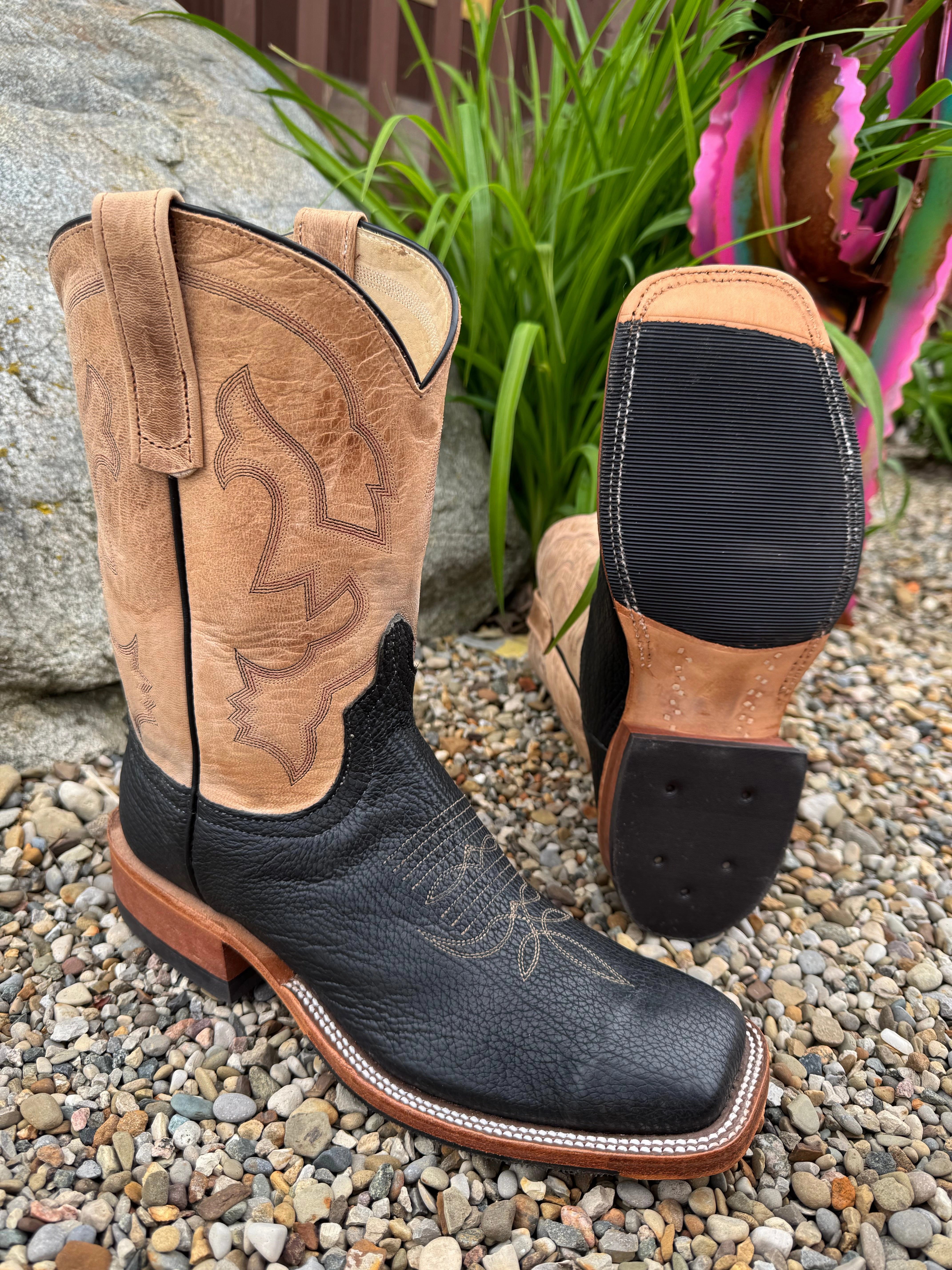 Anderson Bean Men's Black Shark & Bone Mad Cat Square Toe Cowboy Boots 335360 Model Modern Cut