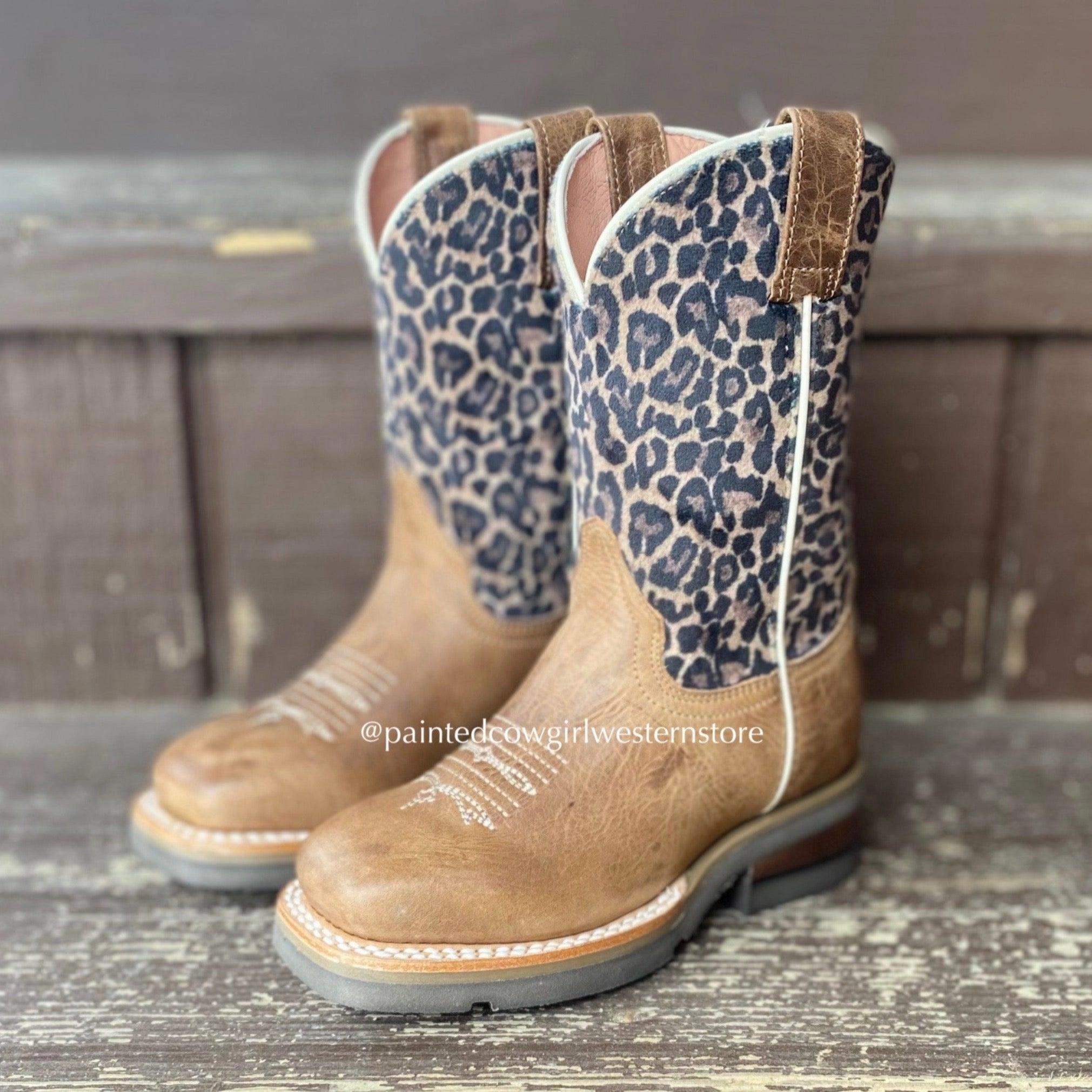 Roper Girl's Tan Leather & Leopard Print Square Toe Cowgirl Boots 7022-8260 Art Gallery