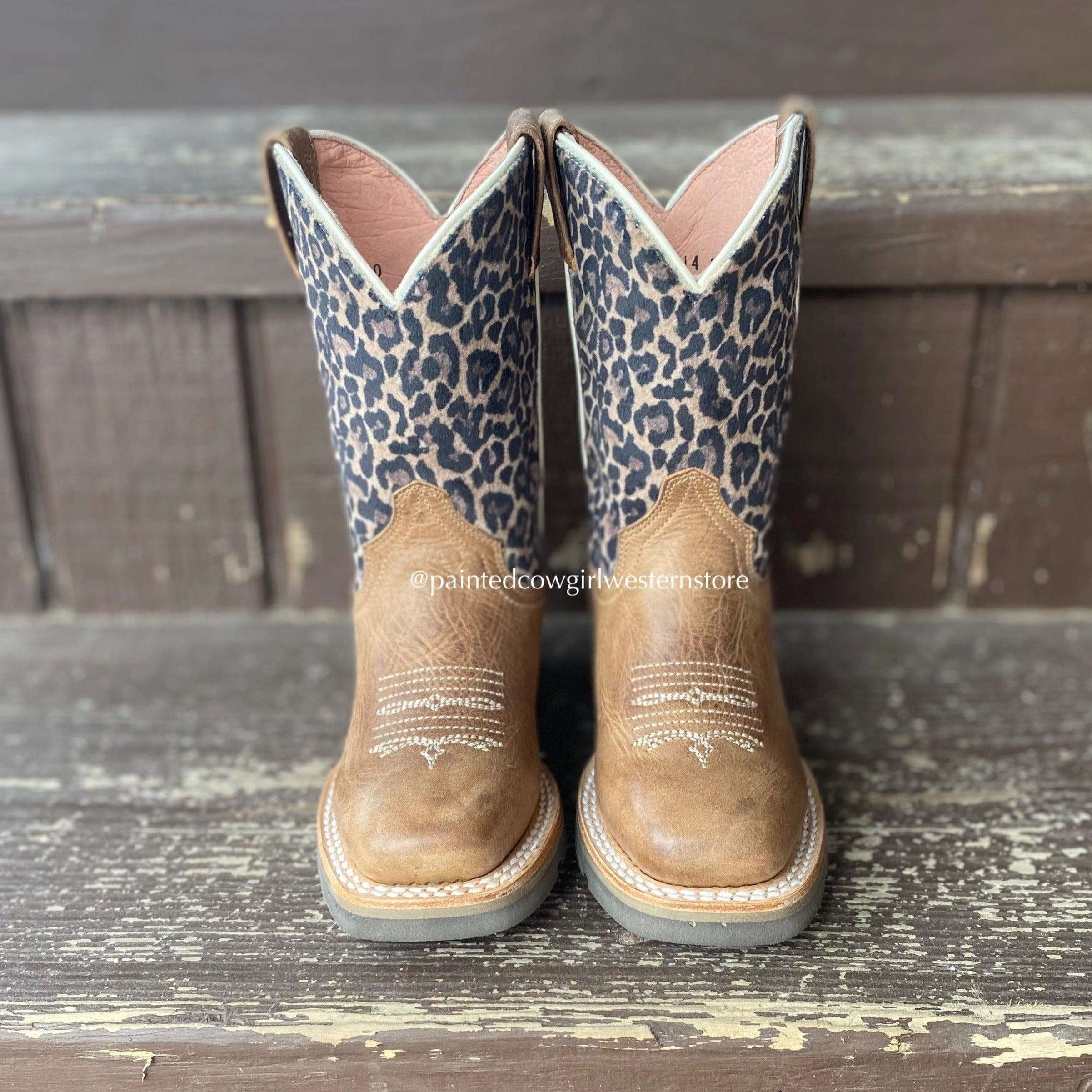 Young Professional Roper Girl's Tan Leather & Leopard Print Square Toe Cowgirl Boots 7022-8260