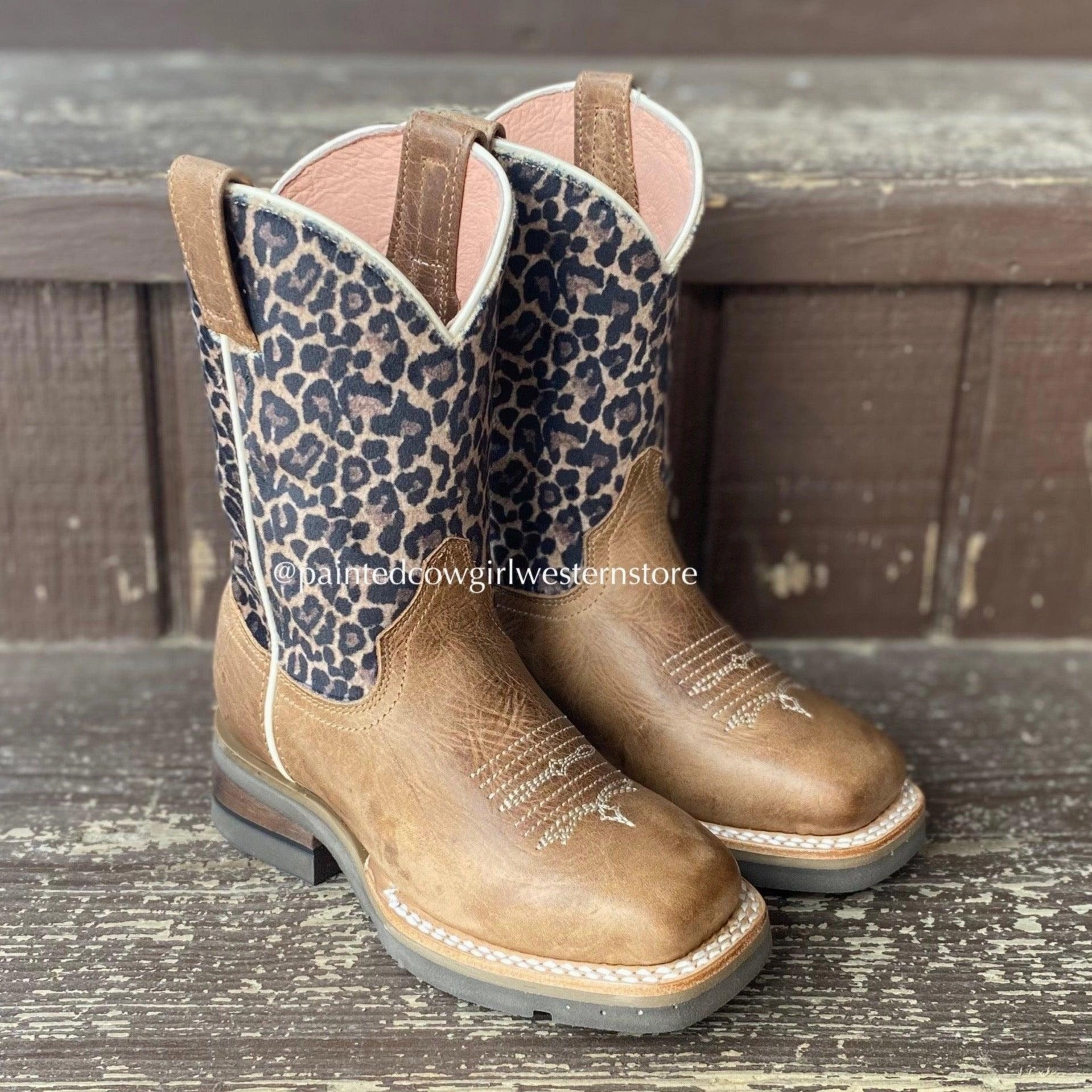 Cold-resistant Roper Girl's Tan Leather & Leopard Print Square Toe Cowgirl Boots 7022-8260