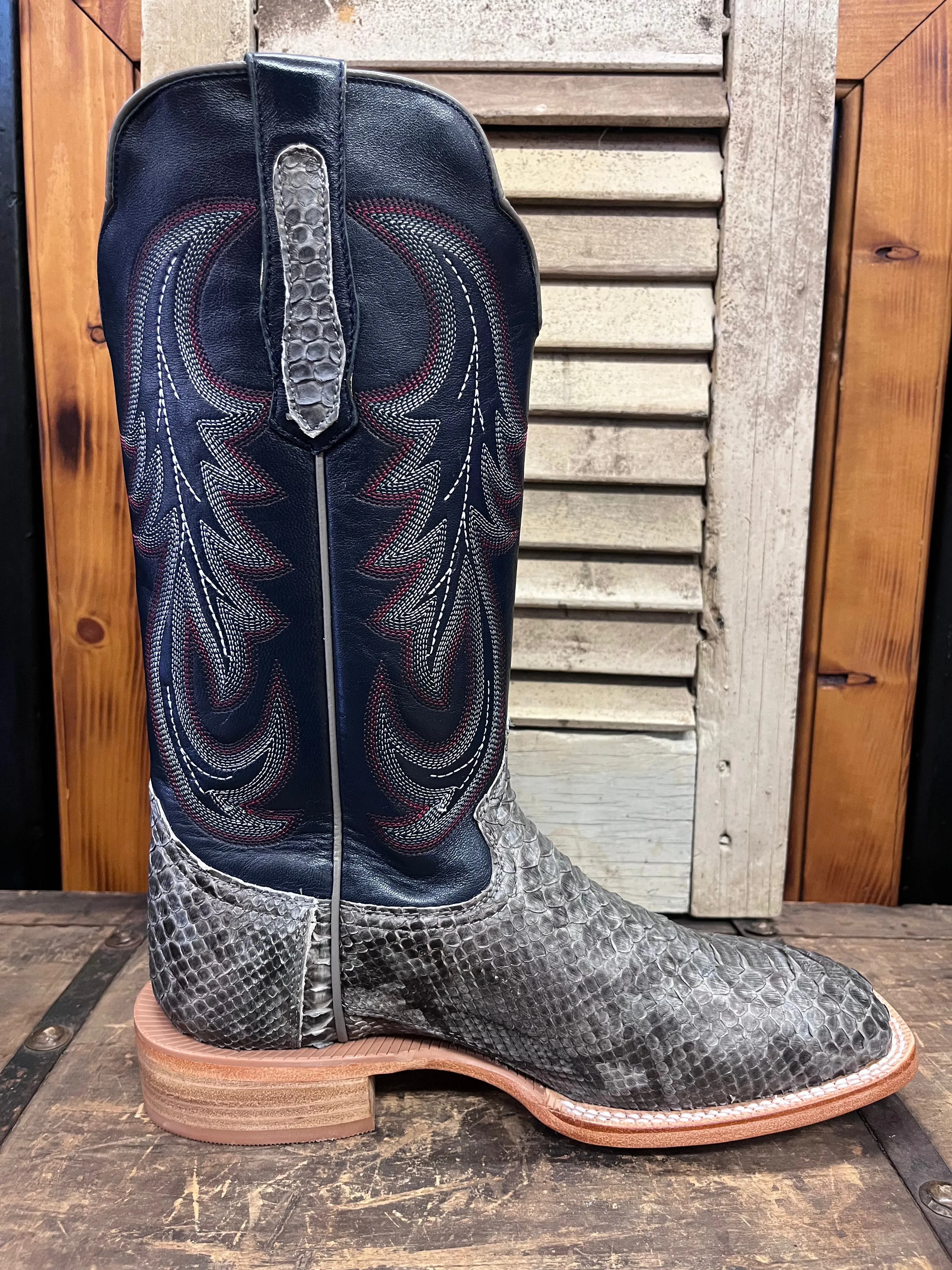Holiday Feel R. Watson Men's Grey Sueded Python & Deep Pacific Blue Top Square Toe Cowboy Boots RW7914-2