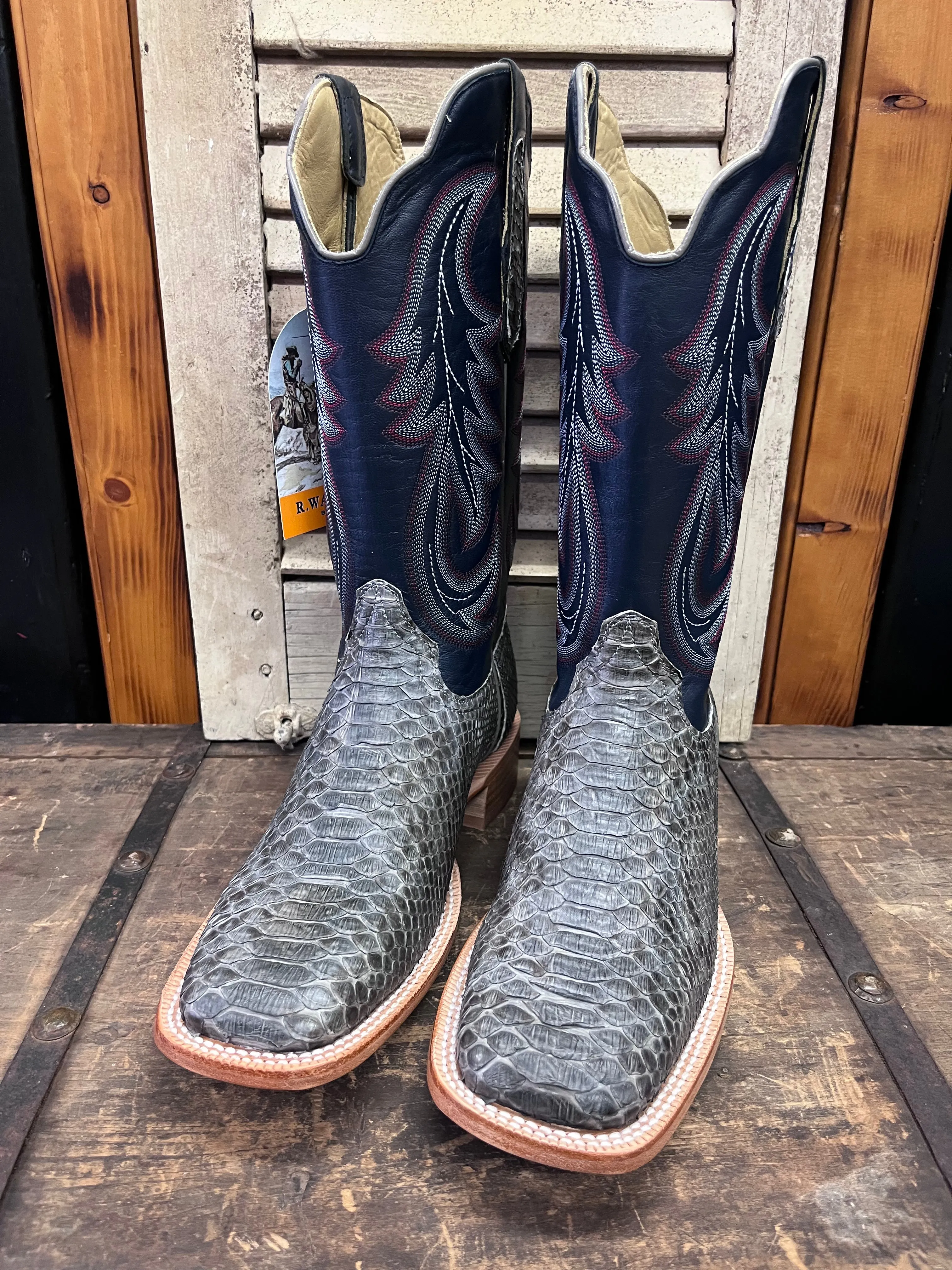 R. Watson Men's Grey Sueded Python & Deep Pacific Blue Top Square Toe Cowboy Boots RW7914-2 Fashion Utility Comfort Tongue