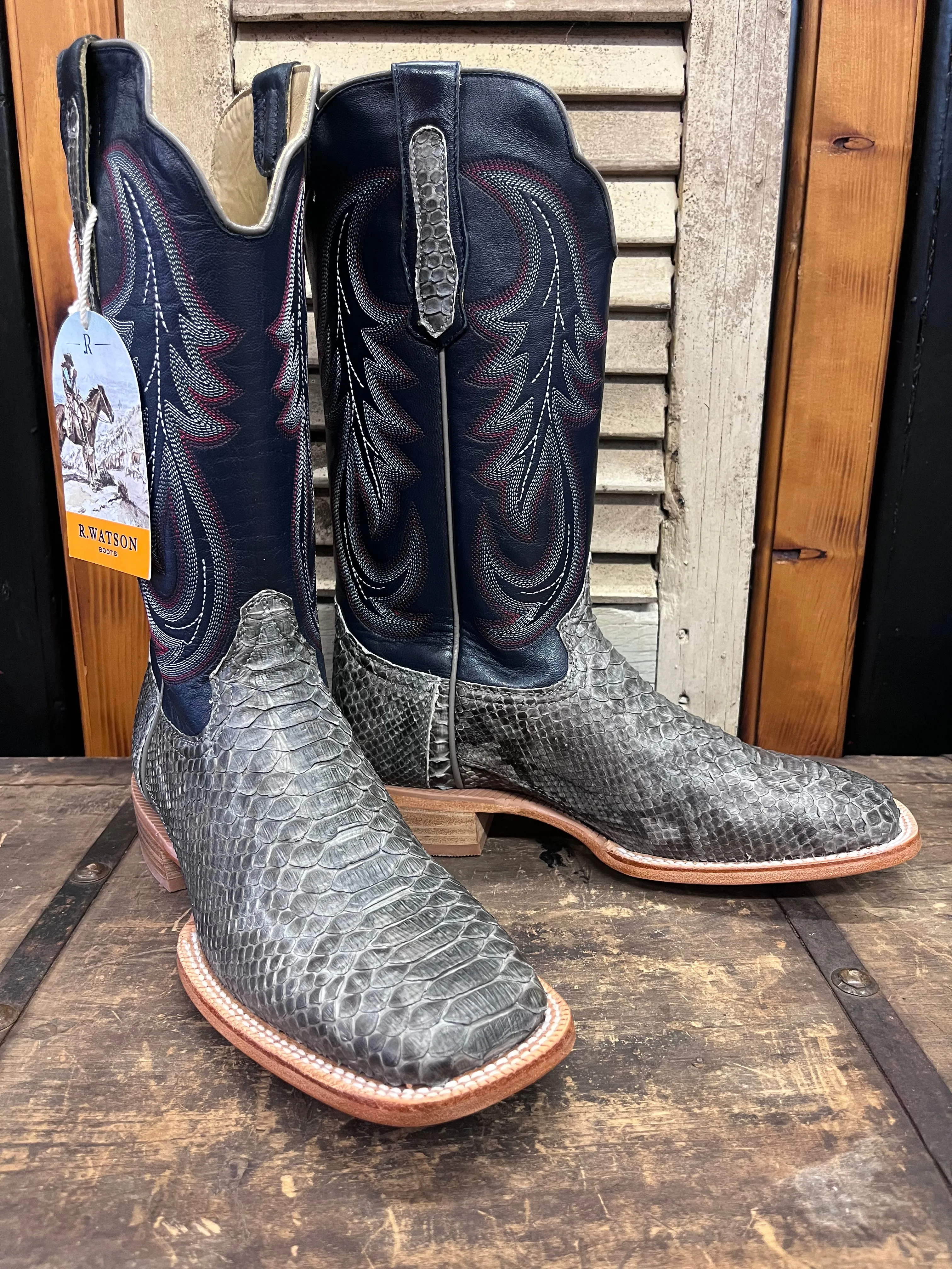 R. Watson Men's Grey Sueded Python & Deep Pacific Blue Top Square Toe Cowboy Boots RW7914-2 Water Wall Active Lifestyle
