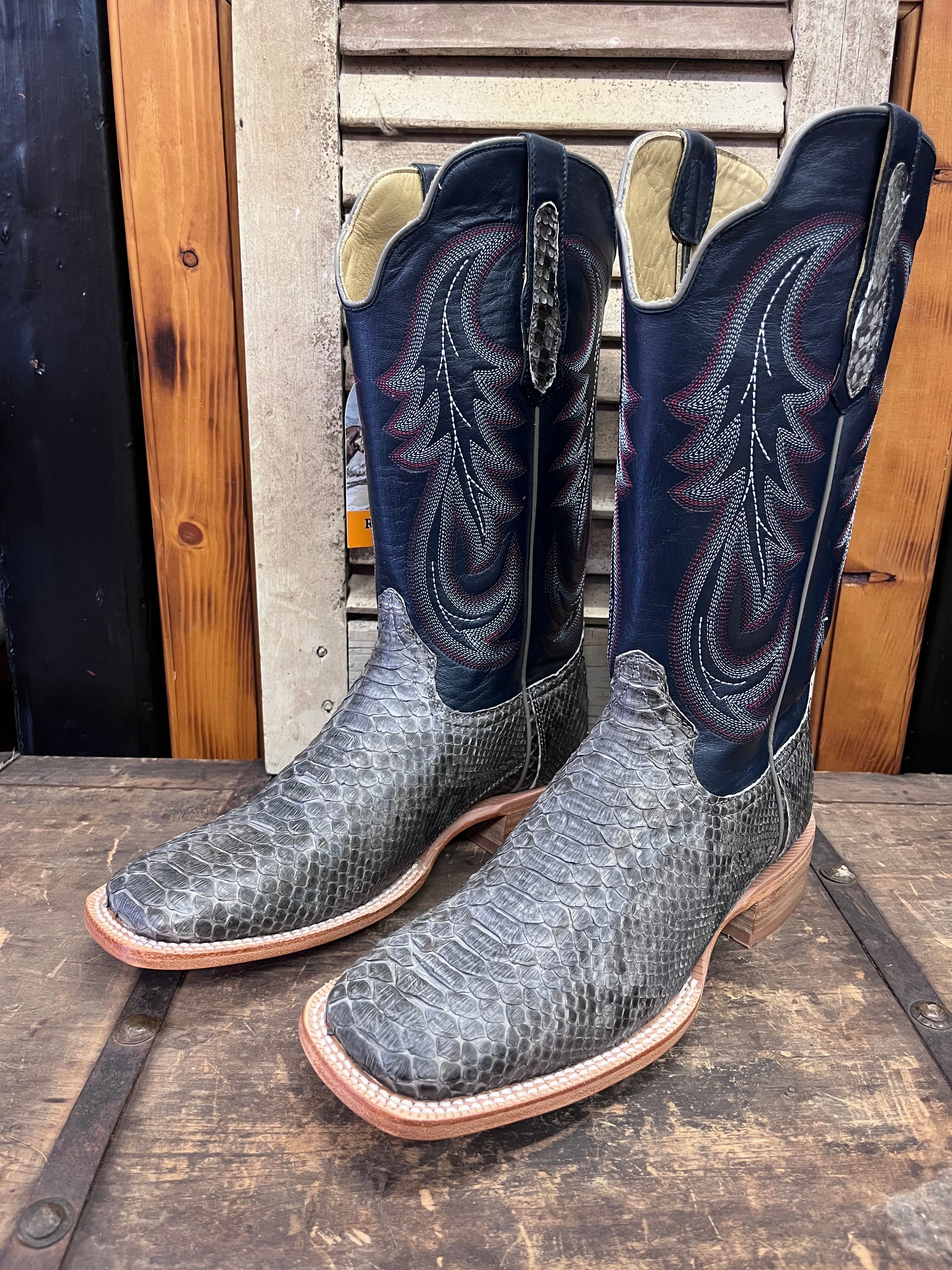 Durable Comfort R. Watson Men's Grey Sueded Python & Deep Pacific Blue Top Square Toe Cowboy Boots RW7914-2