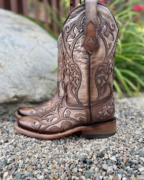 Synthetic Corral Women's Tan Brown Overlay Square Toe Cowgirl Boots C3769