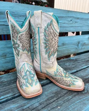 Corral Women's White Sequined Inlay w/Turquoise Stitching Square Toe Cowgirl Boots A4334 Durable Construction sole