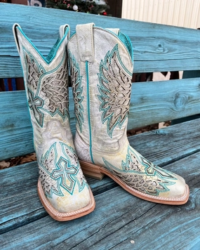 Corral Women's White Sequined Inlay w/Turquoise Stitching Square Toe Cowgirl Boots A4334 Durable Construction sole