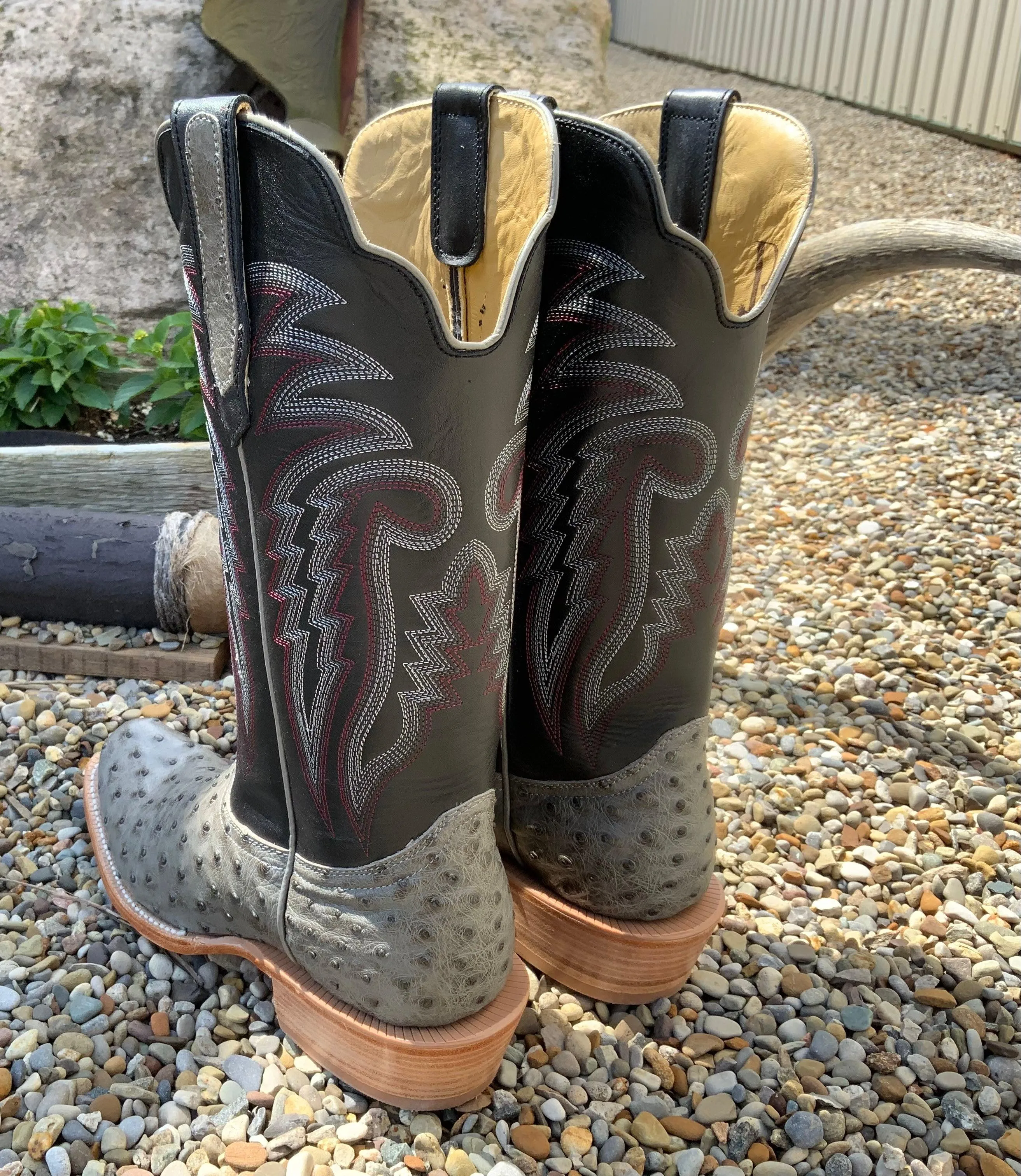 Elastic Material Mid Cut R. Watson Men's Serpentine Bruciato Grey Full Quill Ostrich Cutter Toe Cowboy Boots RW4518-1