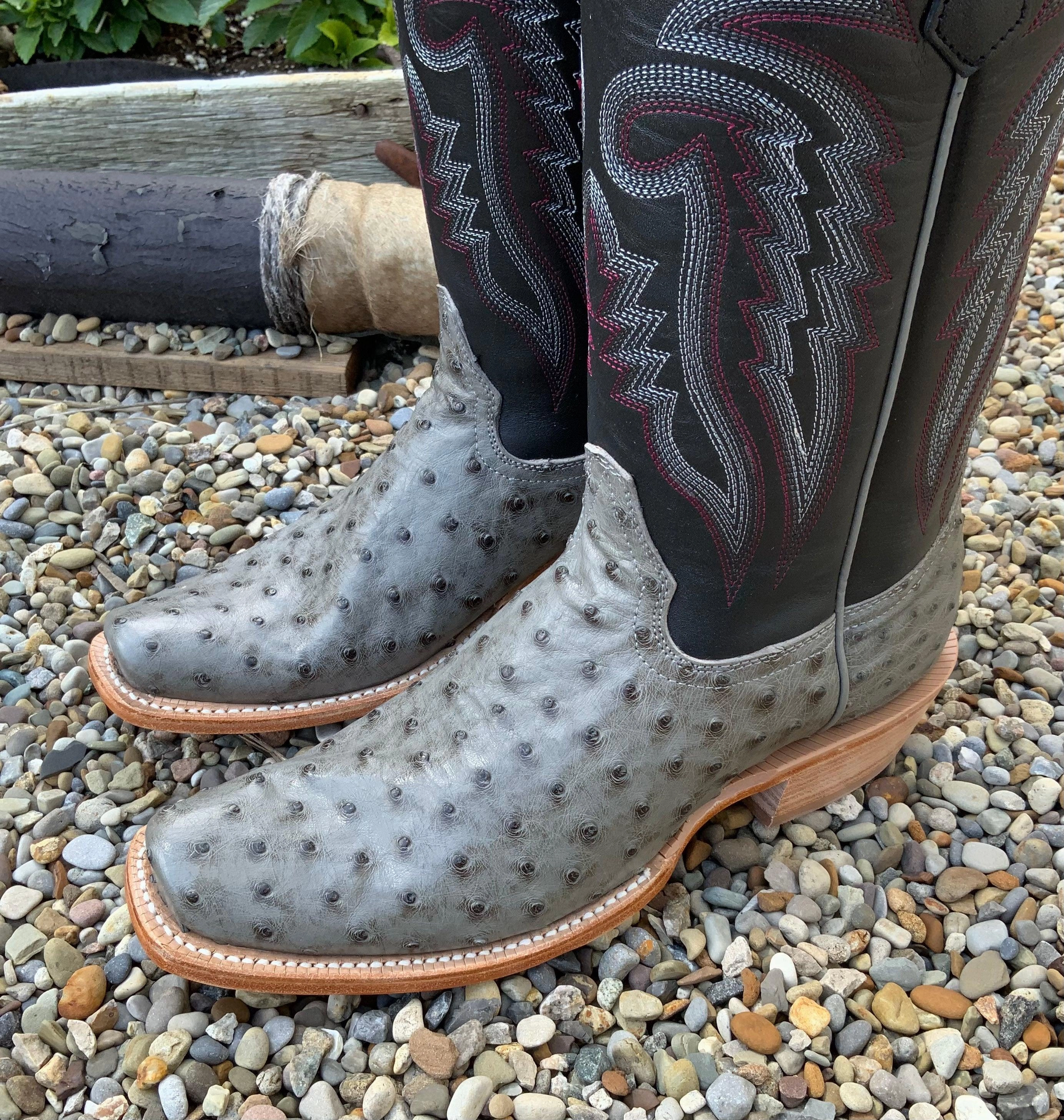 Model Cabin Cozy R. Watson Men's Serpentine Bruciato Grey Full Quill Ostrich Cutter Toe Cowboy Boots RW4518-1