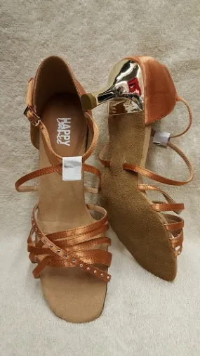 Boat Walk Smooth ride 2.5" Scarlett -- Flare Heel Latin Sandal -- Tan Satin/Gold Heel