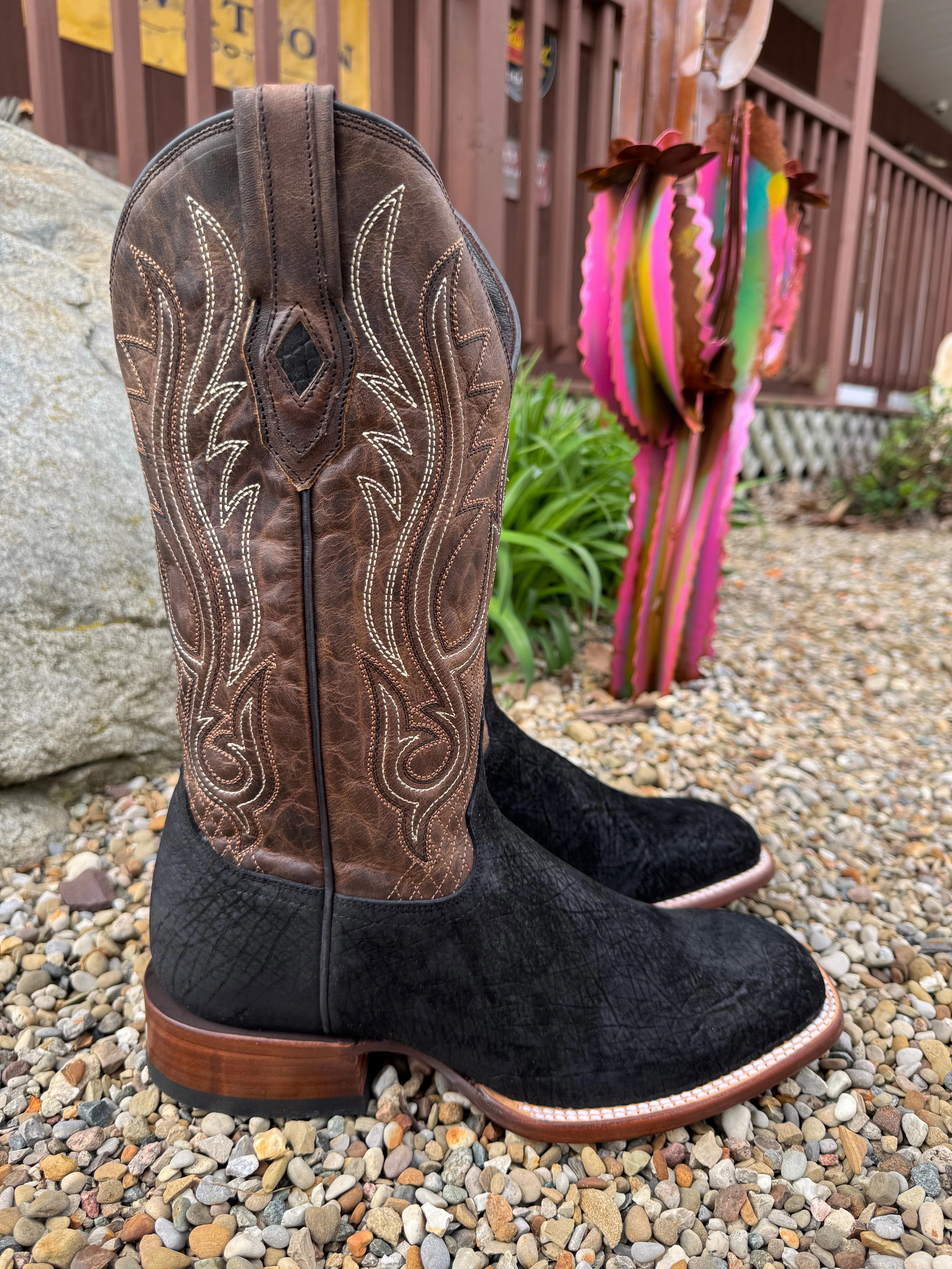 microfiber Stetson Men's Black Hippo River Horse Square Toe Cowboy Boots 1852-0304
