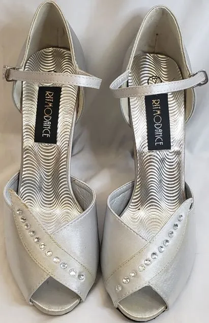 Mesh Flexible Sole 3.38" Hilda -- Closed Back/Open Toe Ballroom Shoe -- Silver Satin