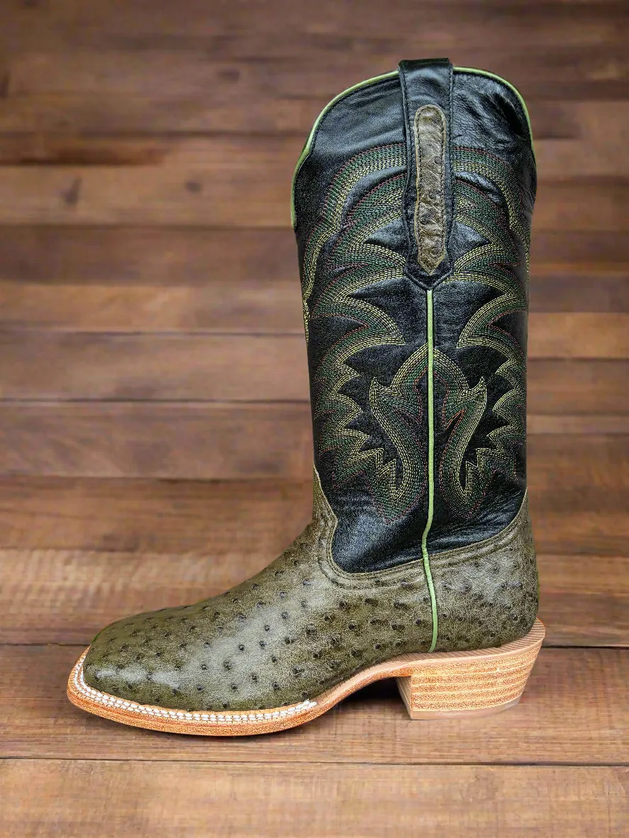 R. Watson Men's Forest Green Full Quill Ostrich Square Toe Cowboy Boots RW4521-2 Steel Toe