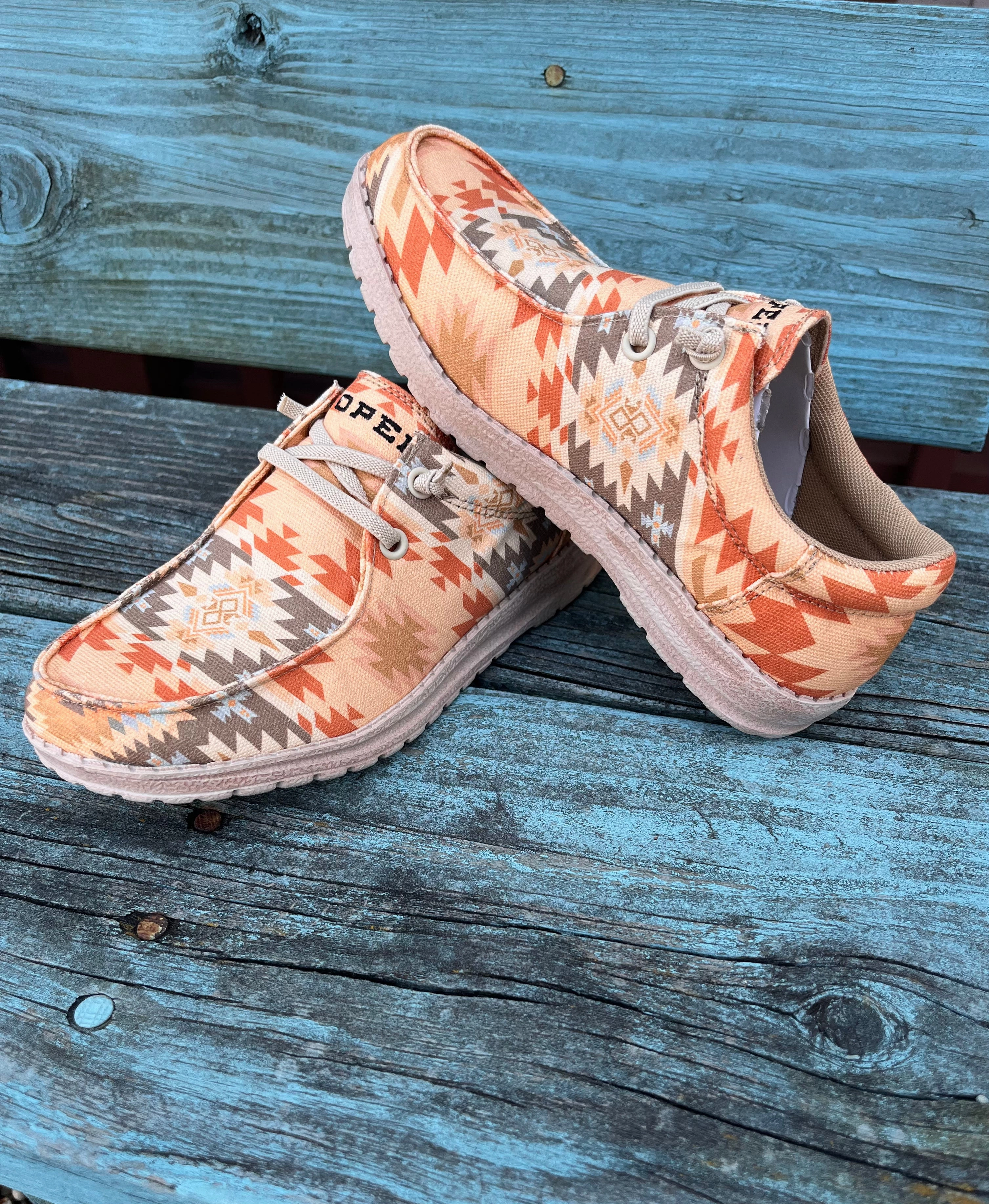 Roper Women's Eva Moc Peach Orange Tan Aztec Casual Shoes 1793-3174 Airy Design Pair Quick