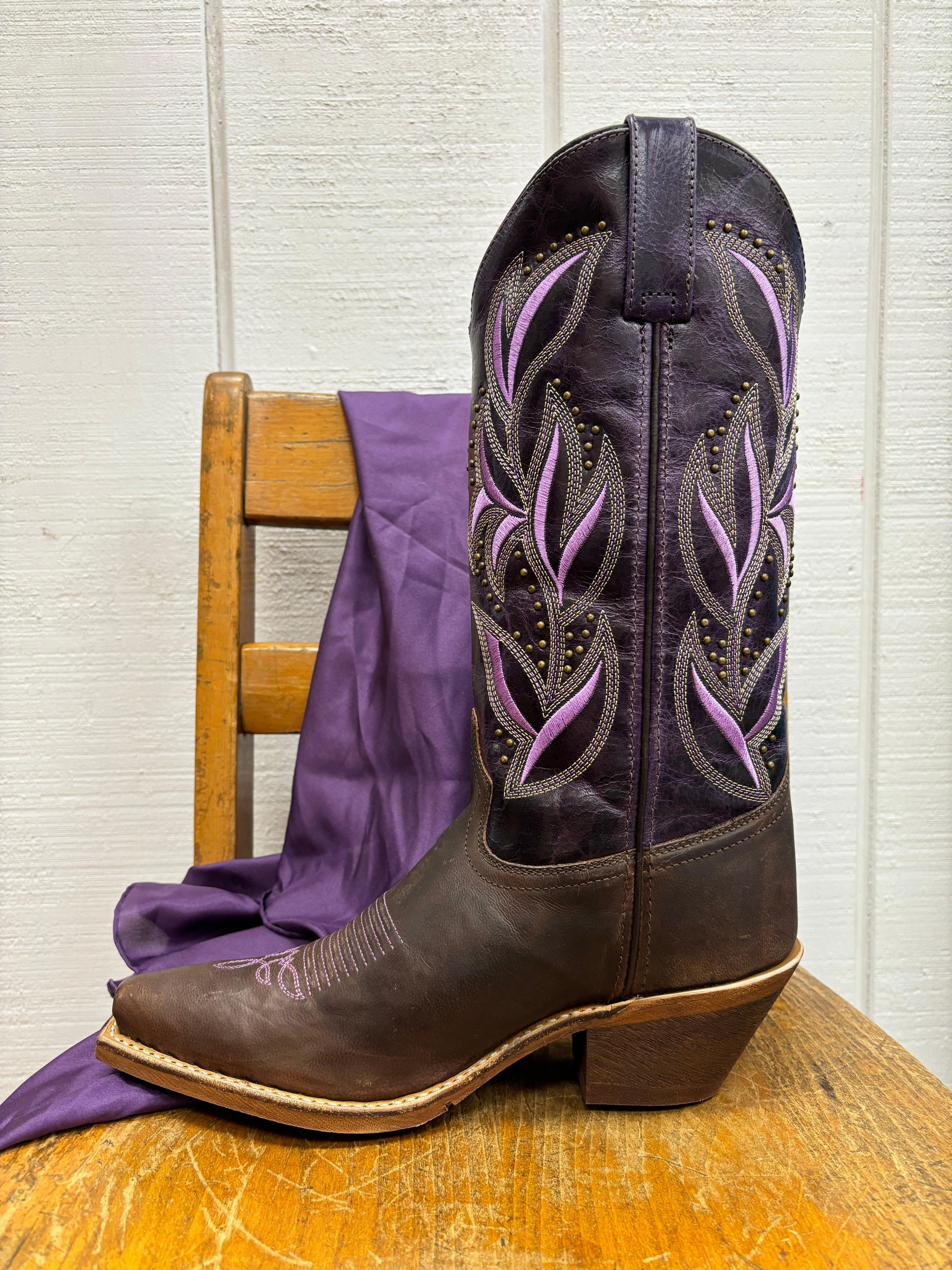 Shear Warm Anti Odor Technology Laredo Women's Dark Brown and Lavender Embroidered Snip Toe Cowgirl Boots 52214