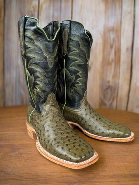 R. Watson Men's Forest Green Full Quill Ostrich Square Toe Cowboy Boots RW4521-2 Wind Barrier Daily Wear