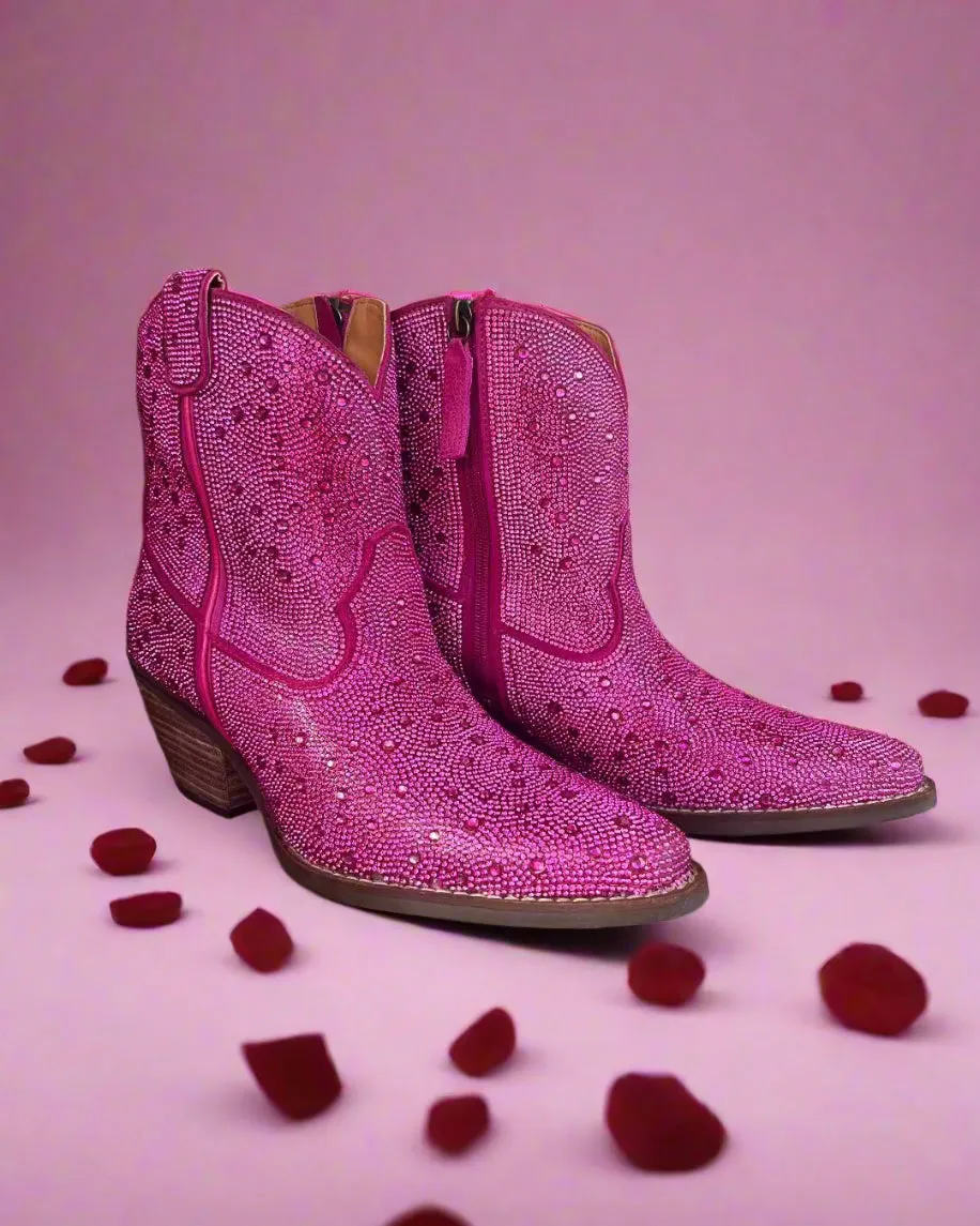Wind Barrier Functional Dingo Women's Fuchsia Pink Rhinestone Cowgirl Ankle Booties DI577-PNK
