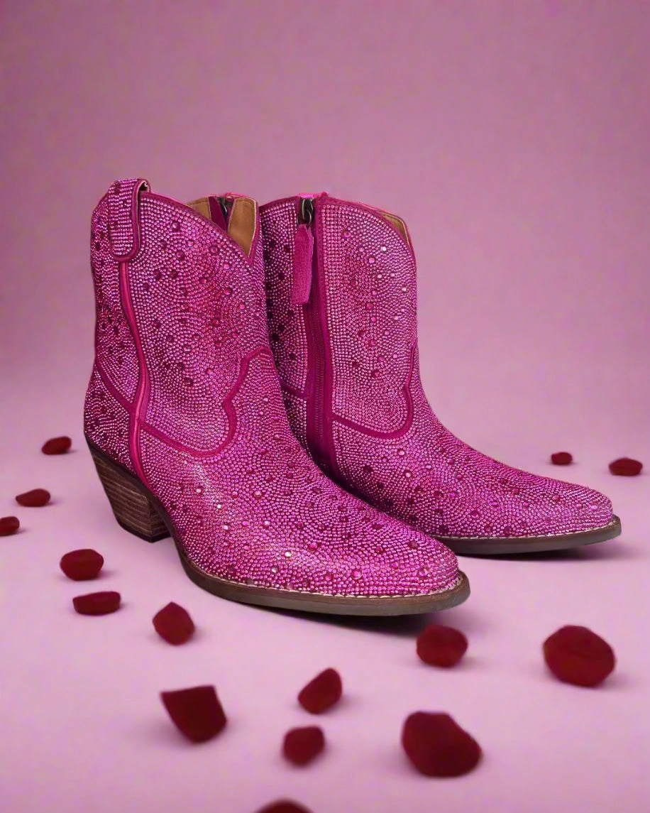 Wind Barrier Functional Dingo Women's Fuchsia Pink Rhinestone Cowgirl Ankle Booties DI577-PNK
