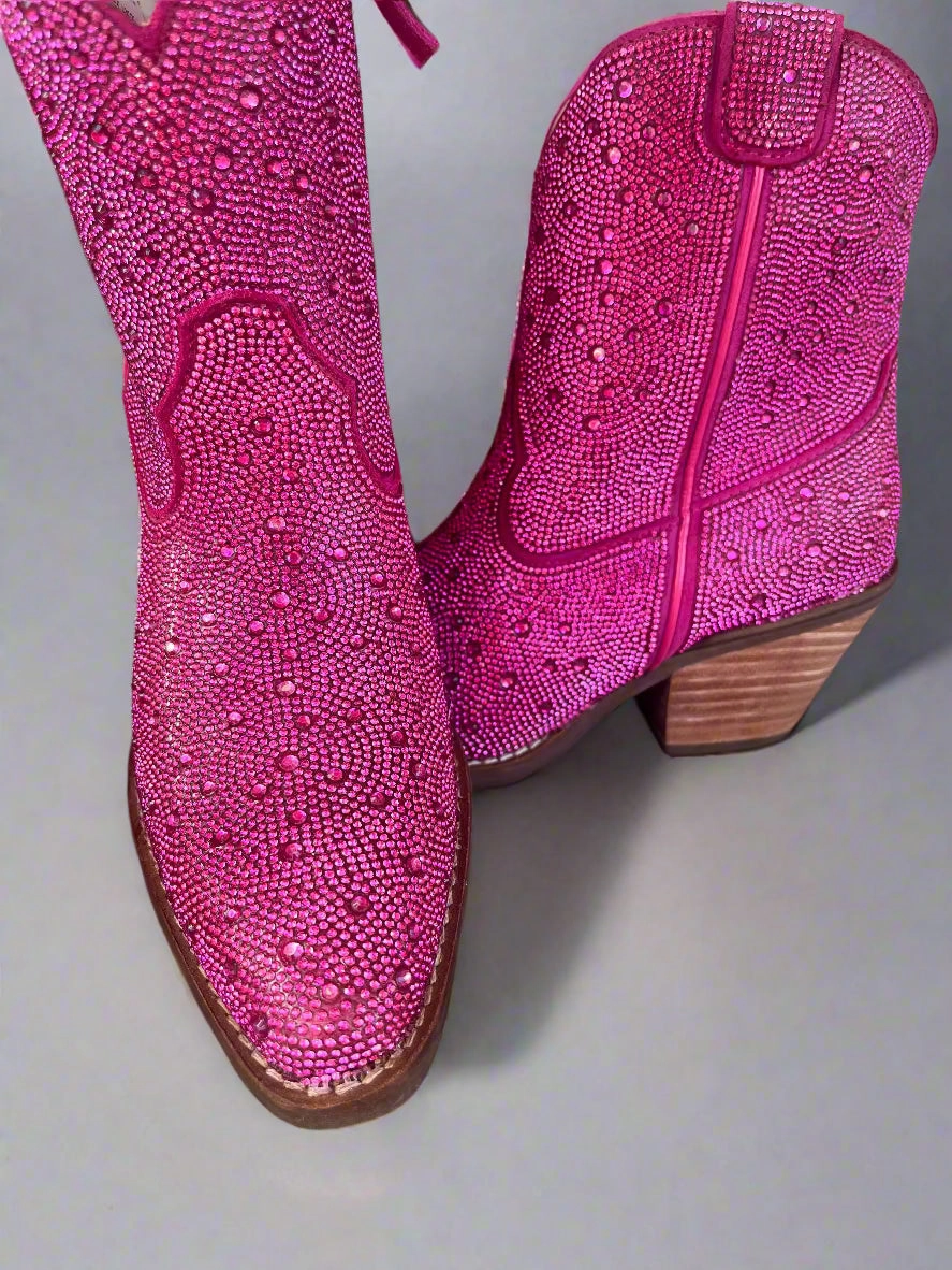 Dingo Women's Fuchsia Pink Rhinestone Cowgirl Ankle Booties DI577-PNK Slip On
