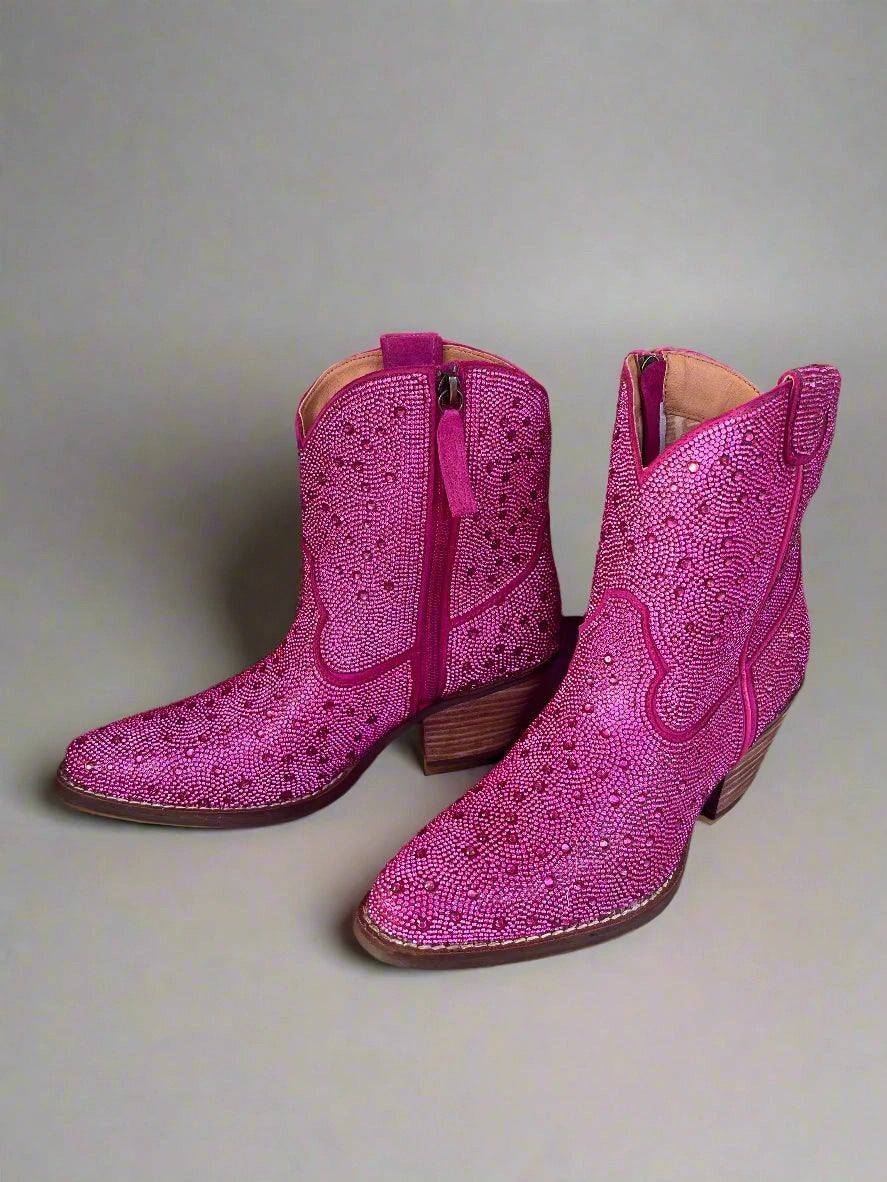 Dingo Women's Fuchsia Pink Rhinestone Cowgirl Ankle Booties DI577-PNK Enhanced grip Music Festival