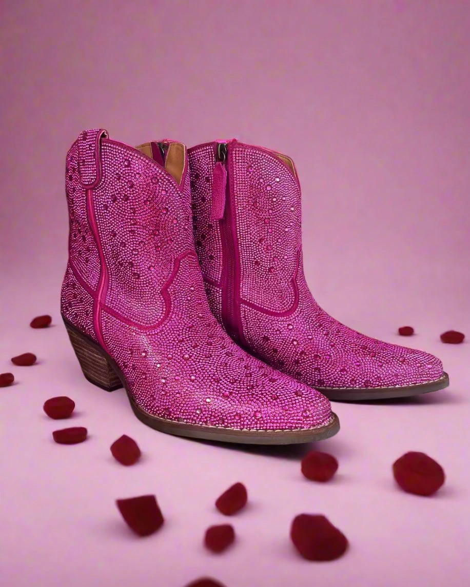 Comfortable Arch Support Dingo Women's Fuchsia Pink Rhinestone Cowgirl Ankle Booties DI577-PNK