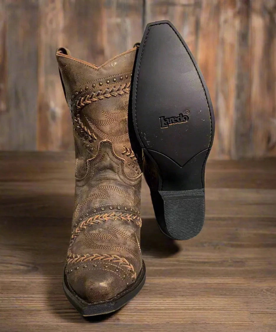 Laredo Women's Brown Fancy Shortie Ankle Snip Toe Cowgirl Boots 52402 Bootie Cut Reliable Fit