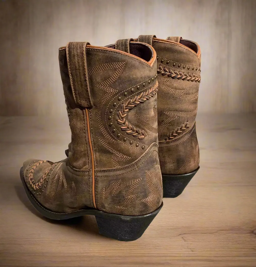 Resistant to wear Stretchable Laredo Women's Brown Fancy Shortie Ankle Snip Toe Cowgirl Boots 52402