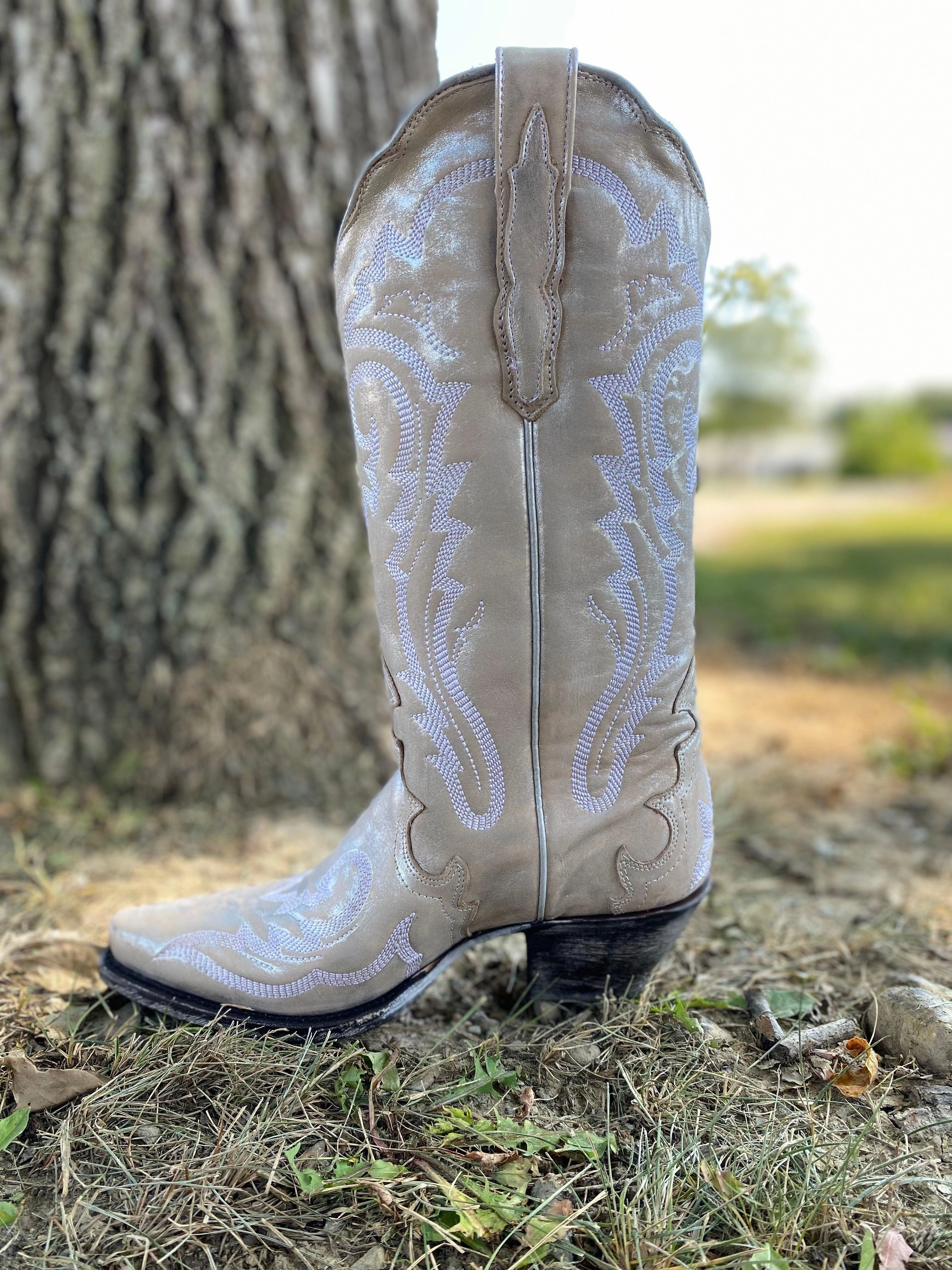 Weather Proof Durable Construction Dan Post Women's Off White & Silver Frost Bite Snip Toe Cowgirl Boots DP4303