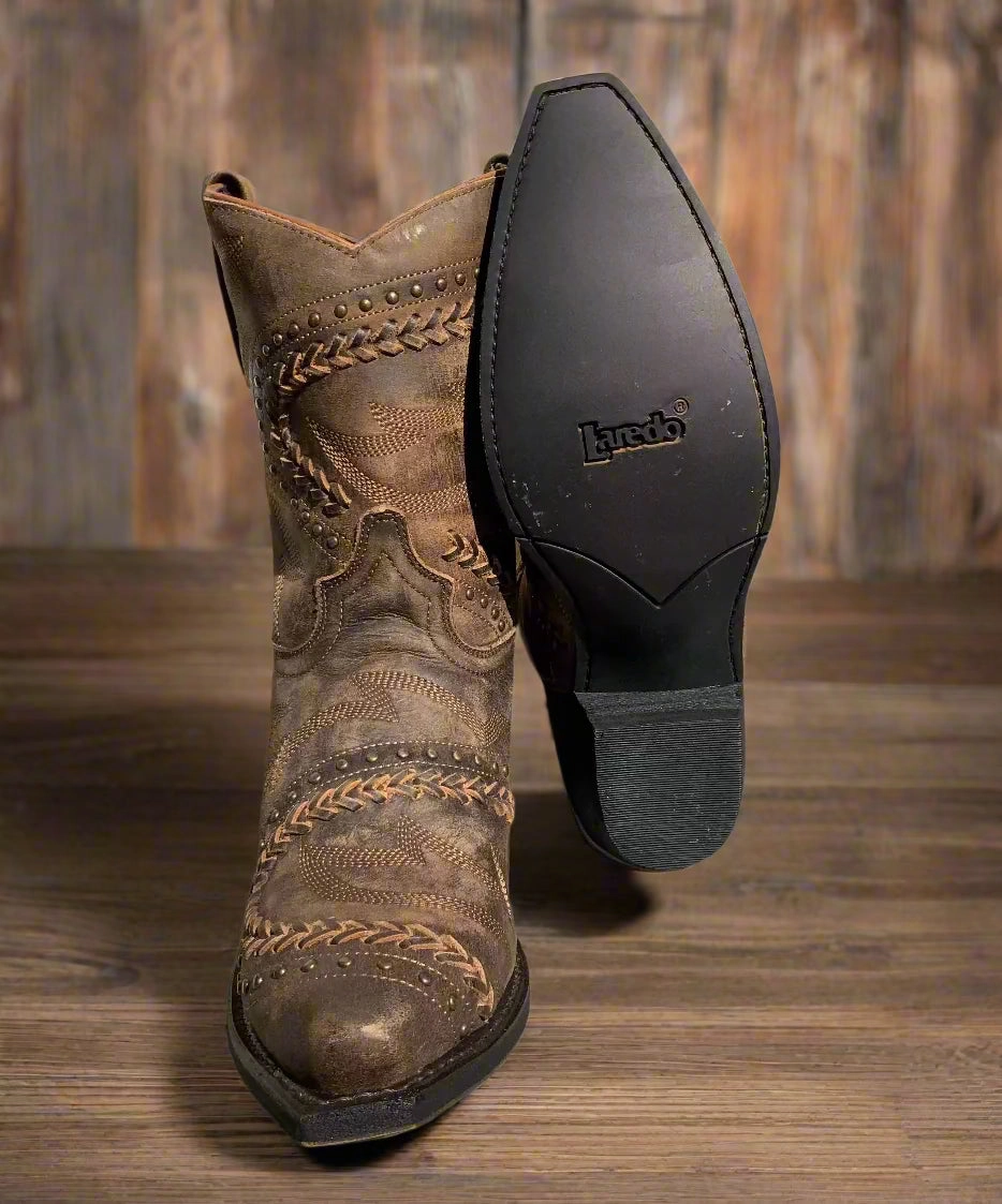 Equestrian Laredo Women's Brown Fancy Shortie Ankle Snip Toe Cowgirl Boots 52402