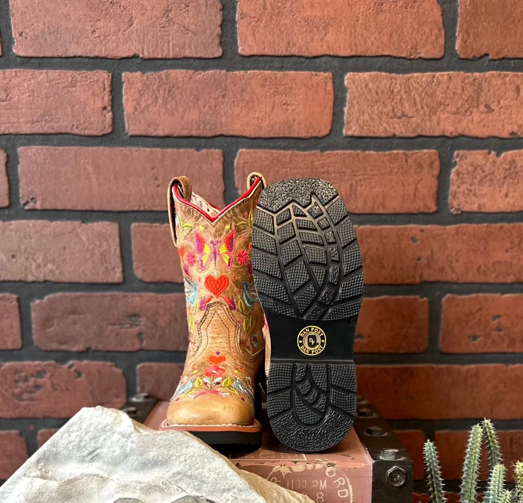 Dan Post Children/Youth Girl's Taupe Fleur Embroidered Square Toe Western Cowgirl Boot DPC2949 DPC3949 Hiking Style