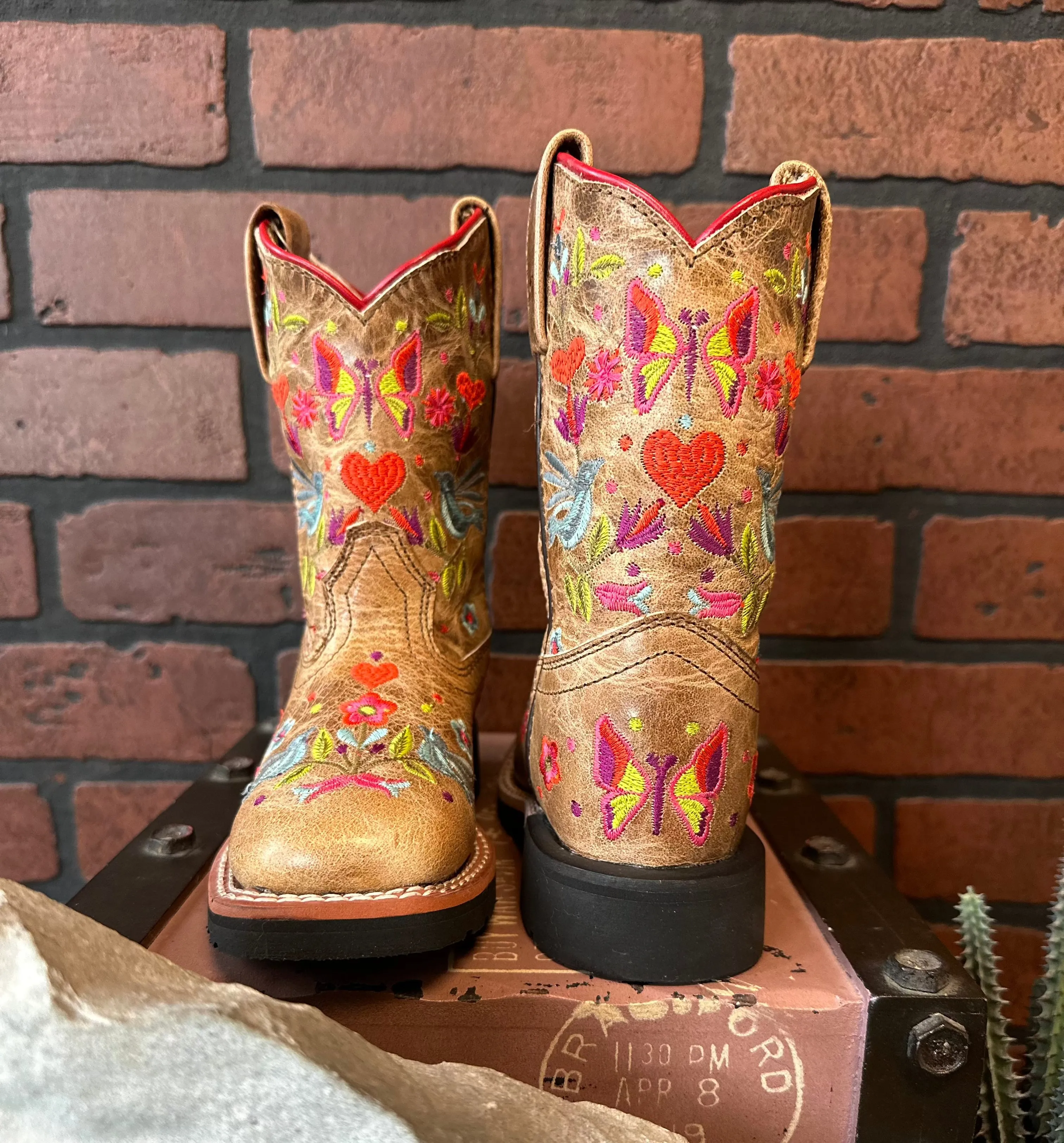 Dan Post Children/Youth Girl's Taupe Fleur Embroidered Square Toe Western Cowgirl Boot DPC2949 DPC3949 Street Sound Warehouse Worker